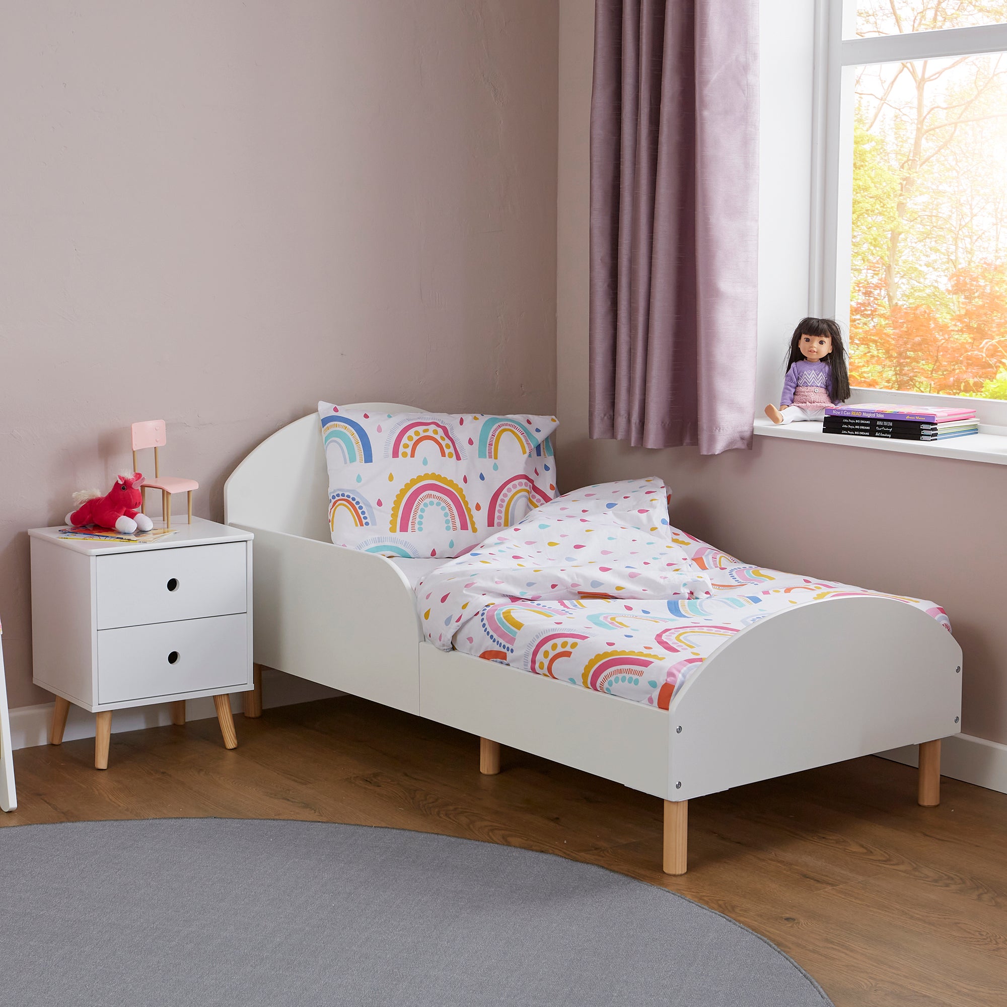 White Kids Toddler Bed – Low Ground Safe Transition Cot Bed Ages 18m-5y