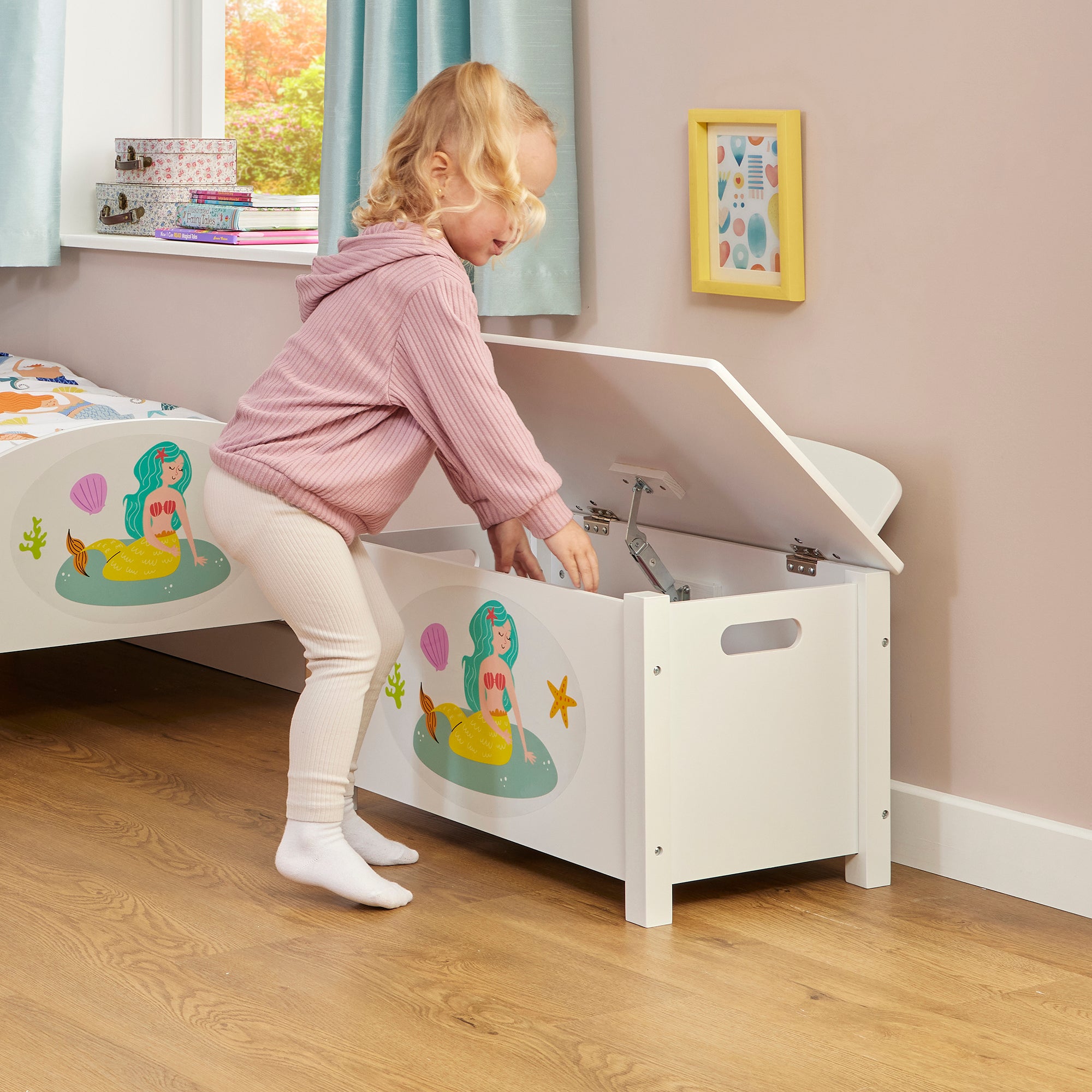 Kids White Wooden Mermaid Toy Box Safe Hinged Storage (Ages 3+)