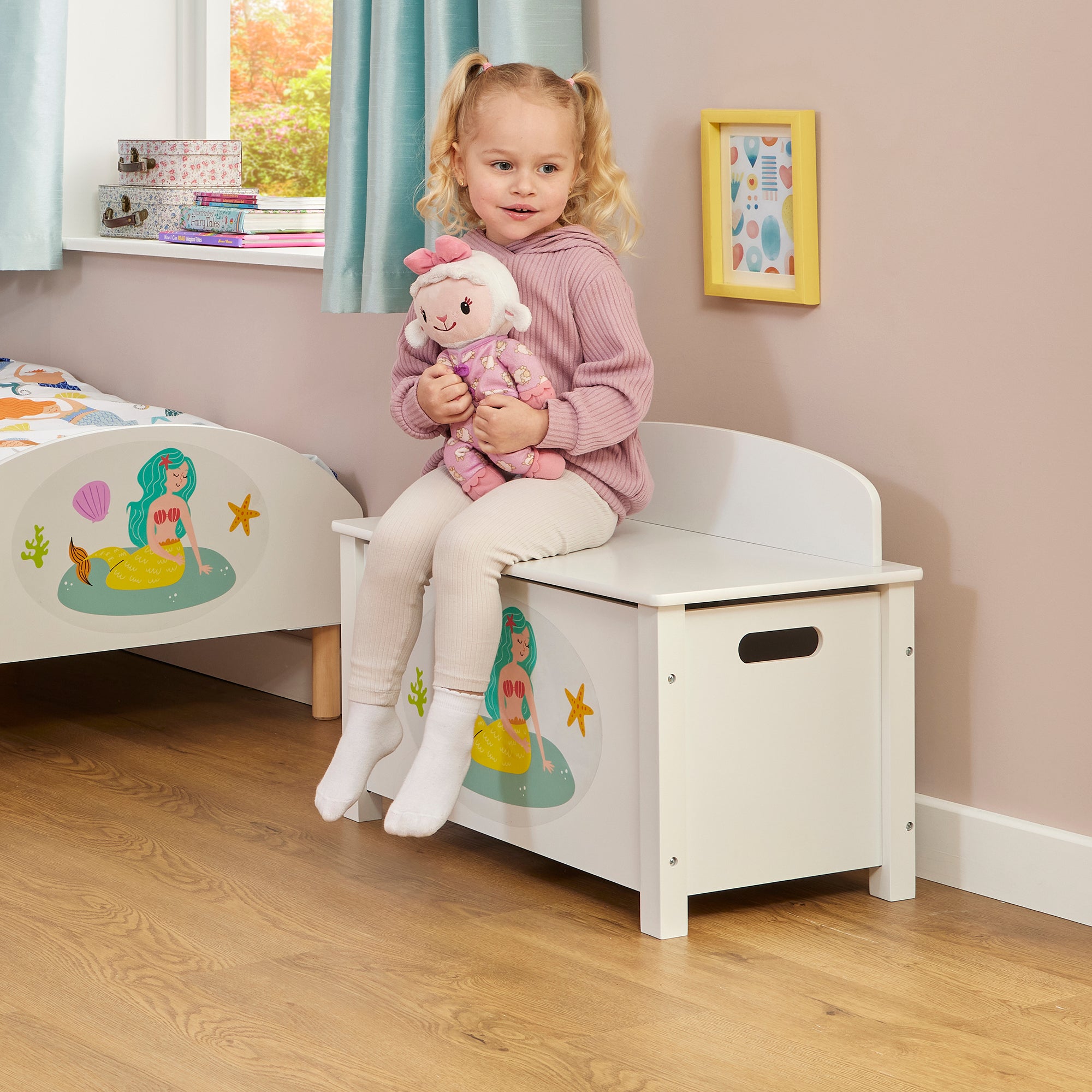 Kids White Wooden Mermaid Toy Box Safe Hinged Storage (Ages 3+)