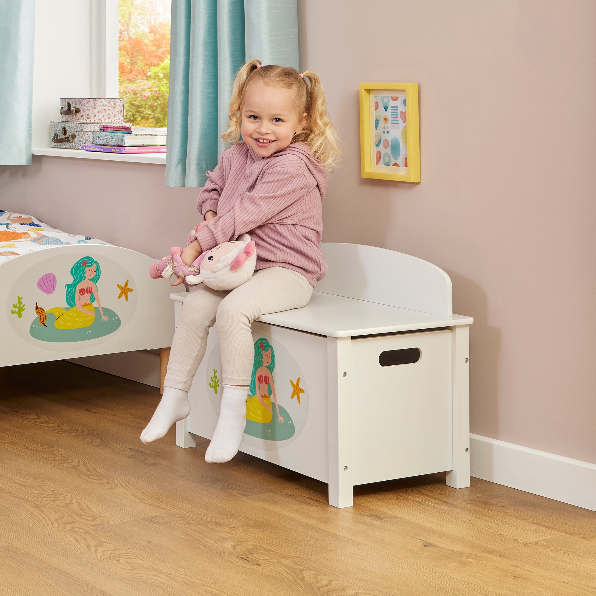 Kids White Wooden Mermaid Toy Box Safe Hinged Storage (Ages 3+)