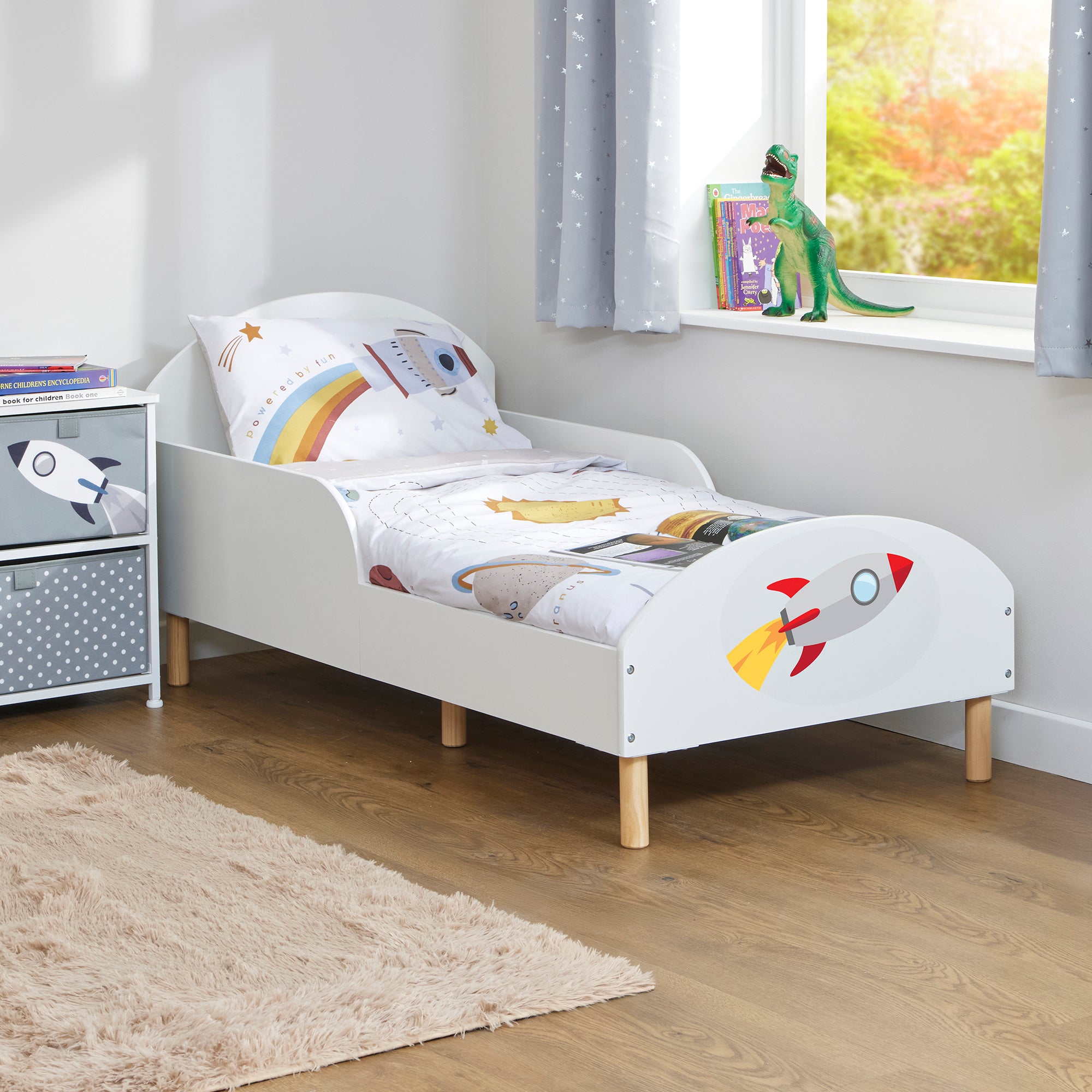 Rocket Toddler Bed with Decal – Safe Wooden Space Bed for Kids (18 Months – 5 Years)