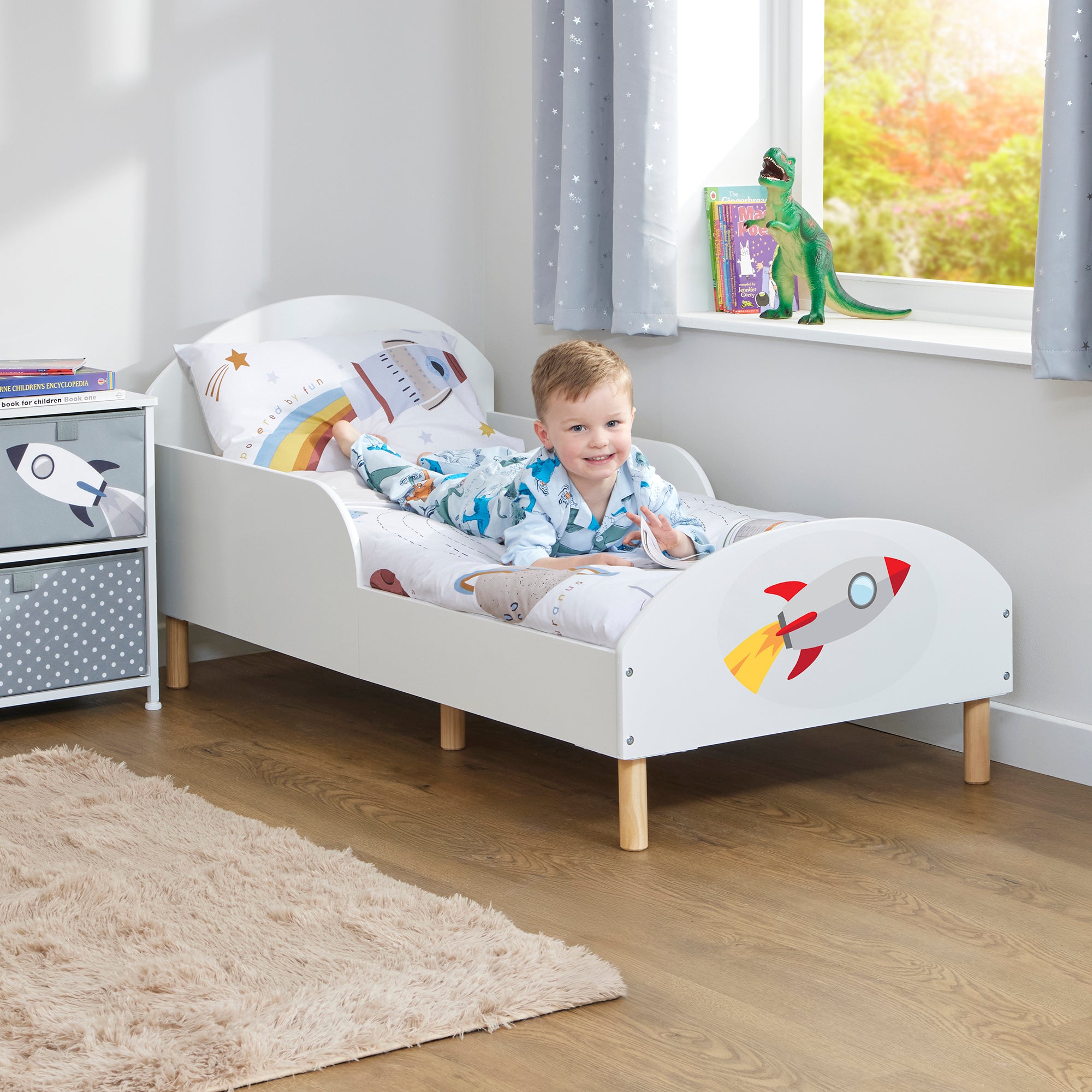 Rocket Toddler Bed with Decal – Safe Wooden Space Bed for Kids (18 Months – 5 Years)