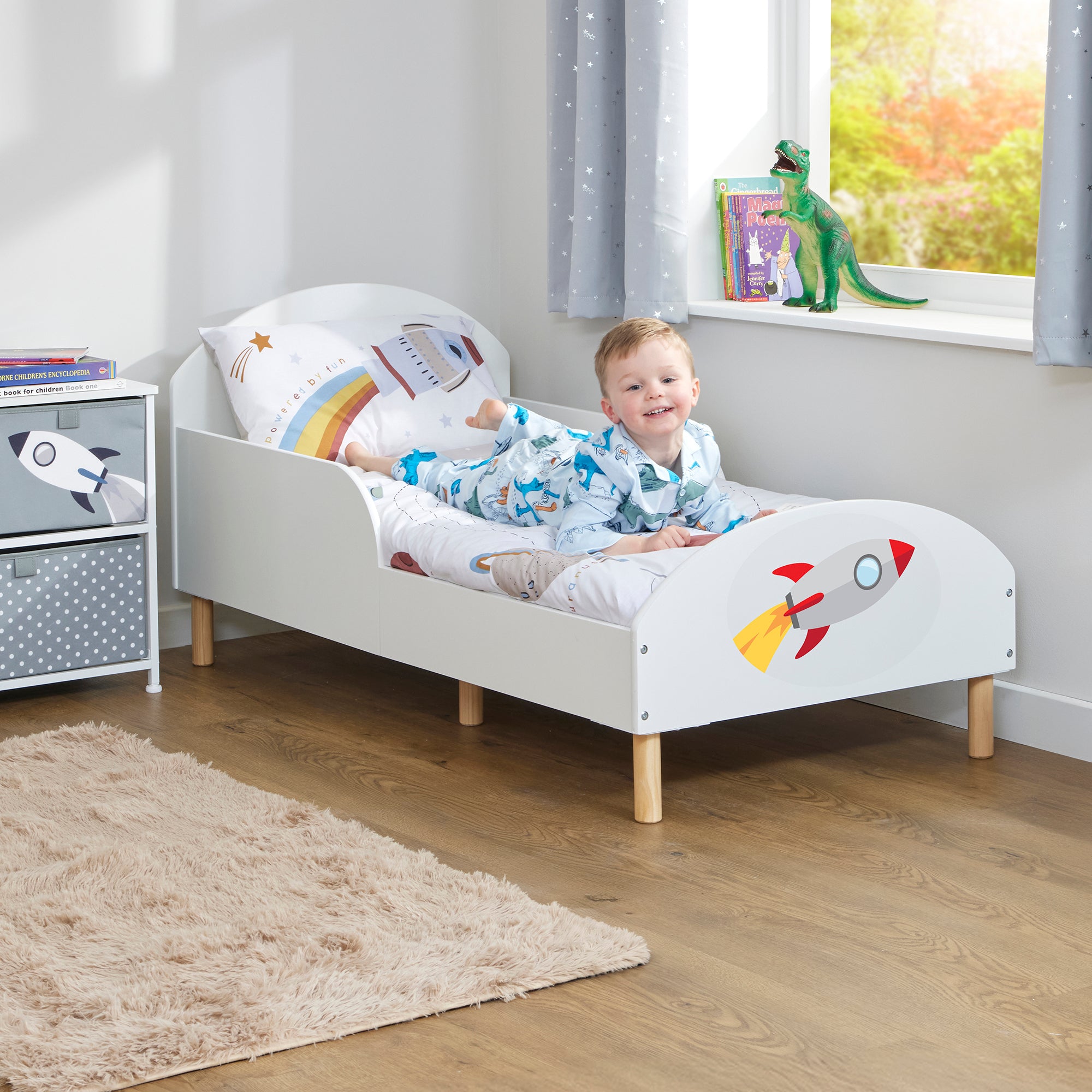 Rocket Toddler Bed with Decal – Safe Wooden Space Bed for Kids (18 Months – 5 Years)