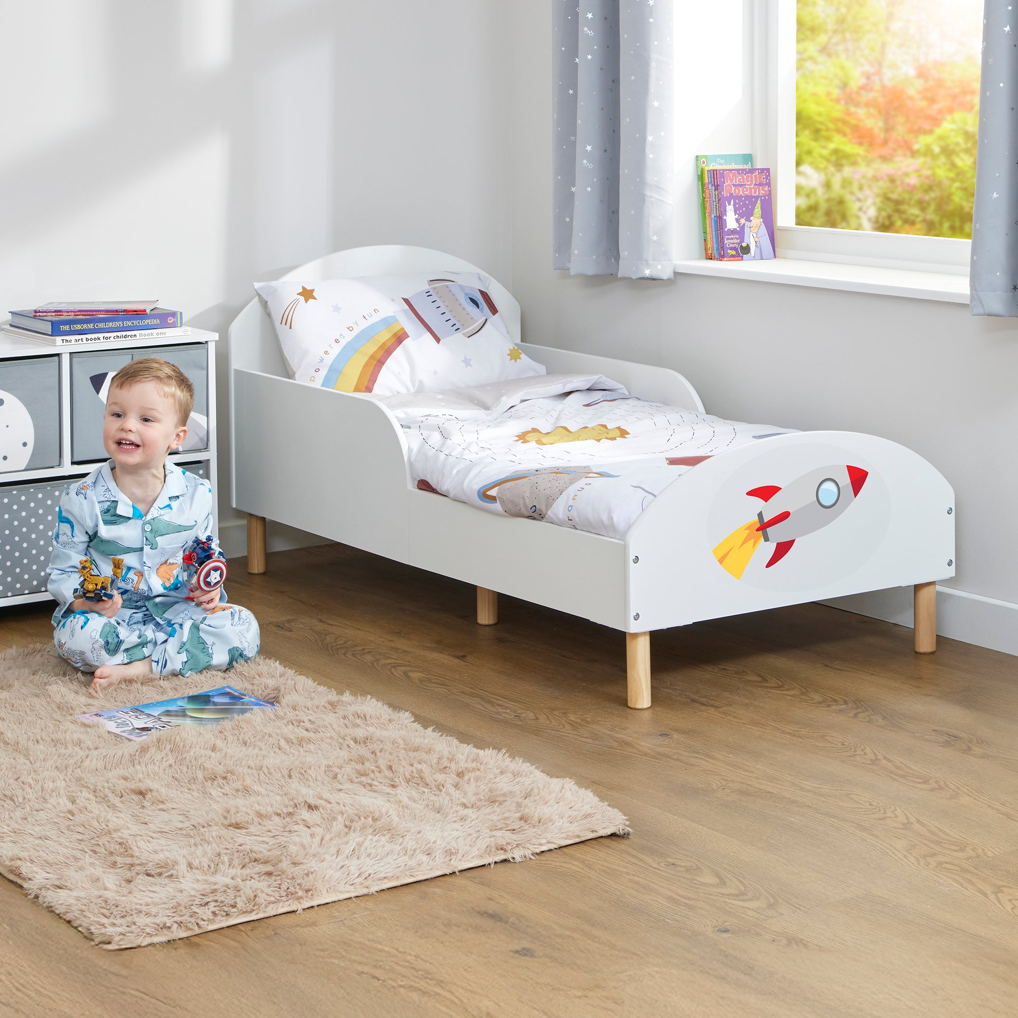 Rocket Toddler Bed with Decal – Safe Wooden Space Bed for Kids (18 Months – 5 Years)