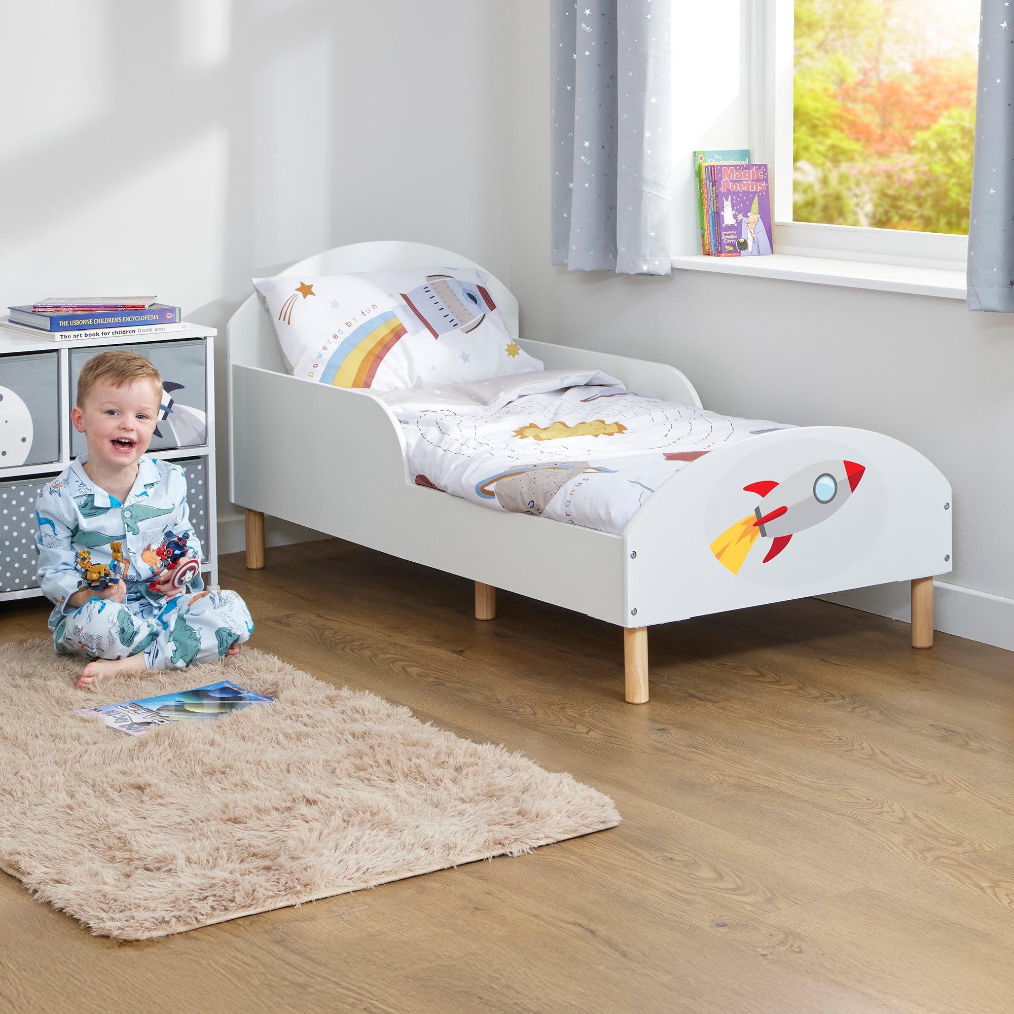 Rocket Toddler Bed with Decal – Safe Wooden Space Bed for Kids (18 Months – 5 Years)