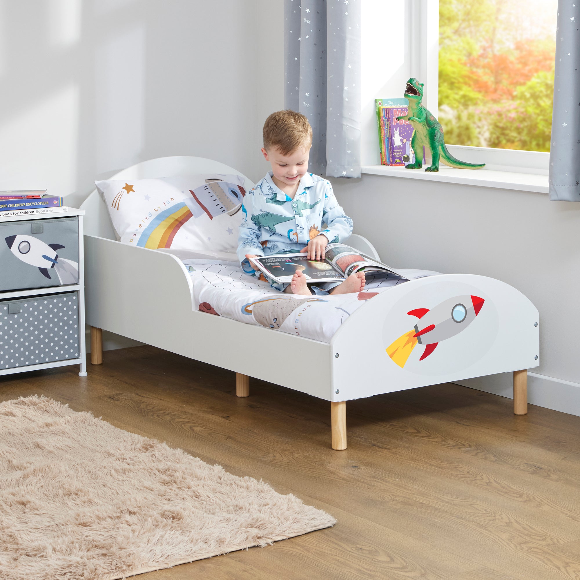 Rocket Toddler Bed with Decal – Safe Wooden Space Bed for Kids (18 Months – 5 Years)