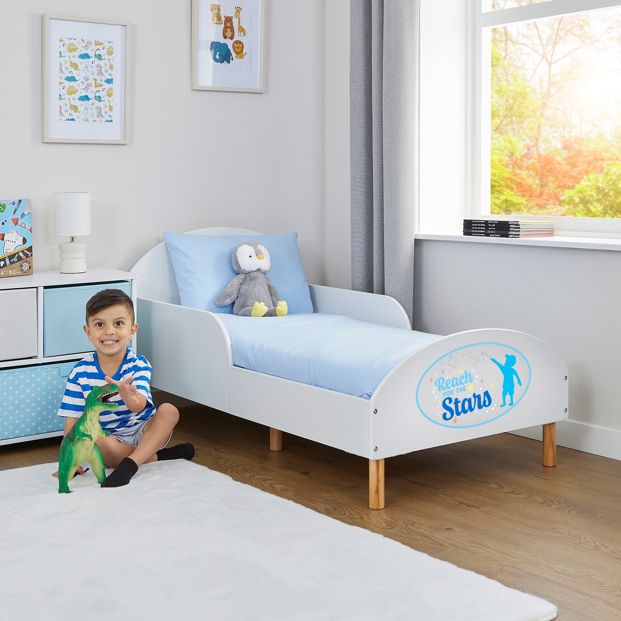 Reach for the Stars Toddler Bed with Motivational Decal – Safe Wooden Bed for Kids (18 Months – 5 Years)