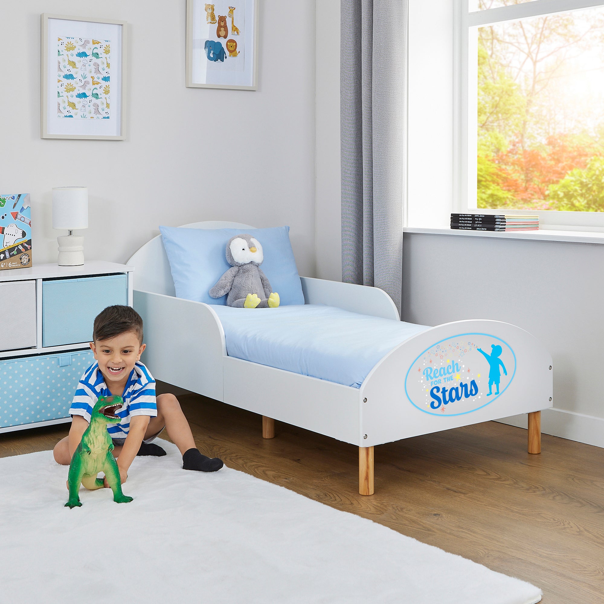 Reach for the Stars Toddler Bed with Motivational Decal – Safe Wooden Bed for Kids (18 Months – 5 Years)