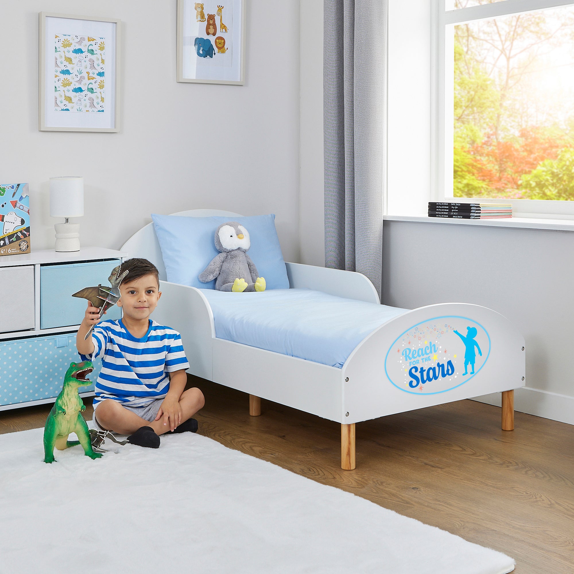 Reach for the Stars Toddler Bed with Motivational Decal – Safe Wooden Bed for Kids (18 Months – 5 Years)