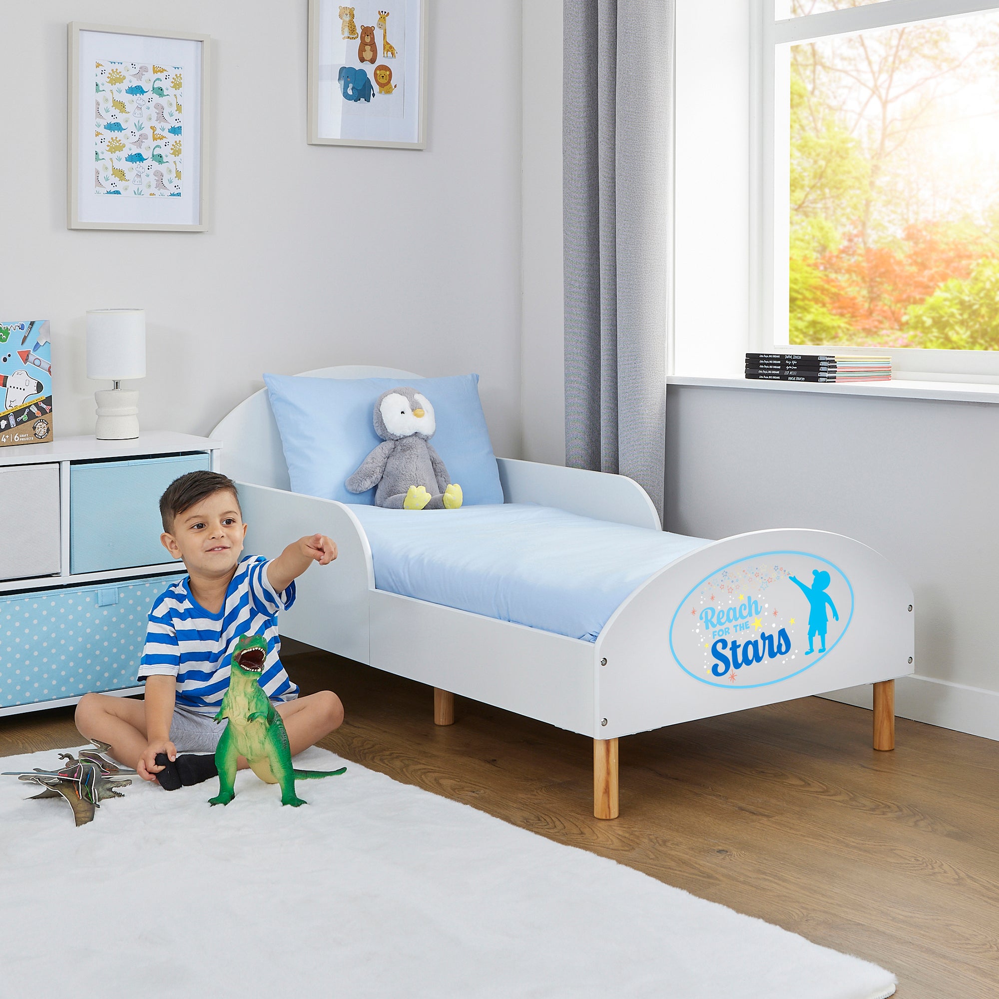Reach for the Stars Toddler Bed with Motivational Decal – Safe Wooden Bed for Kids (18 Months – 5 Years)