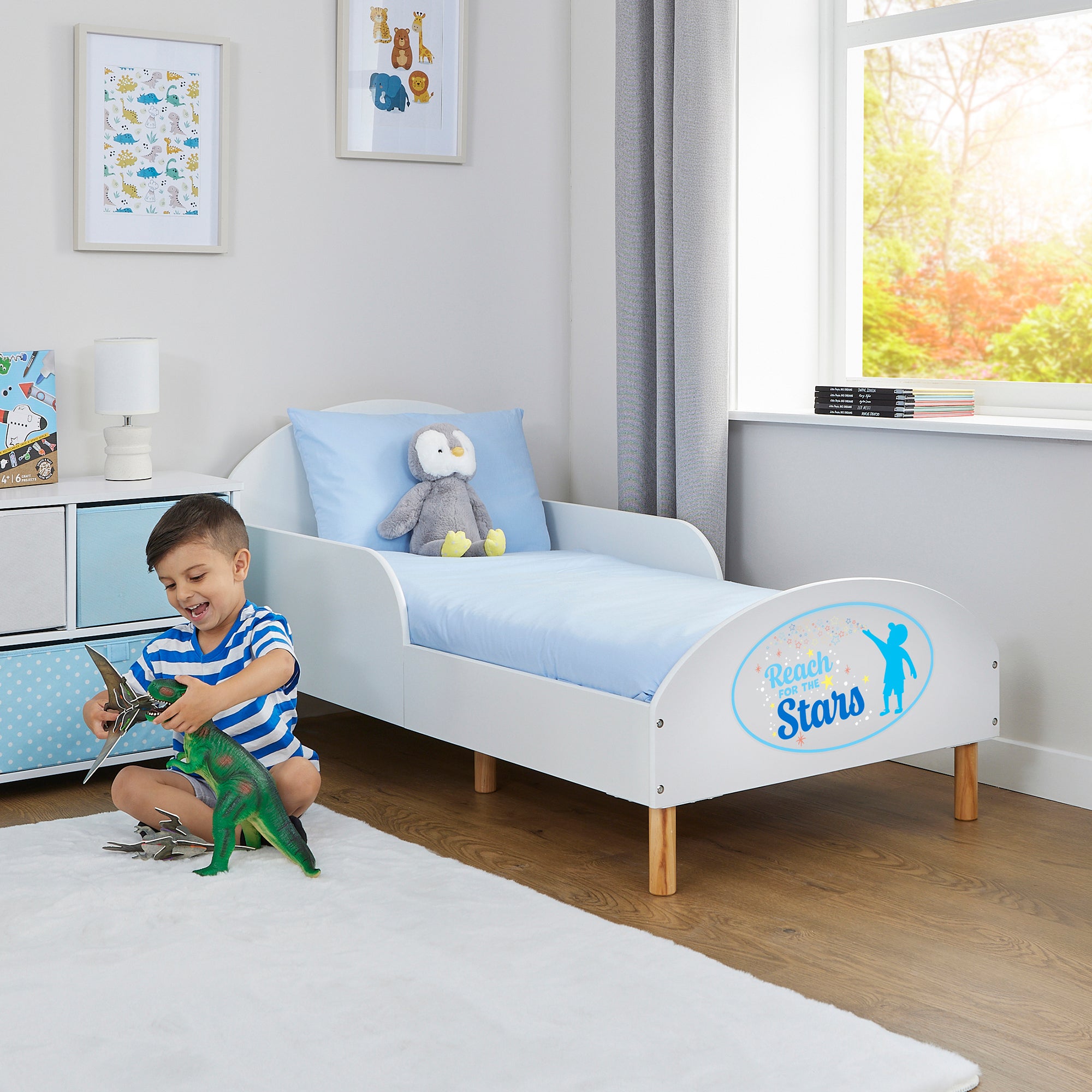 Reach for the Stars Toddler Bed with Motivational Decal – Safe Wooden Bed for Kids (18 Months – 5 Years)