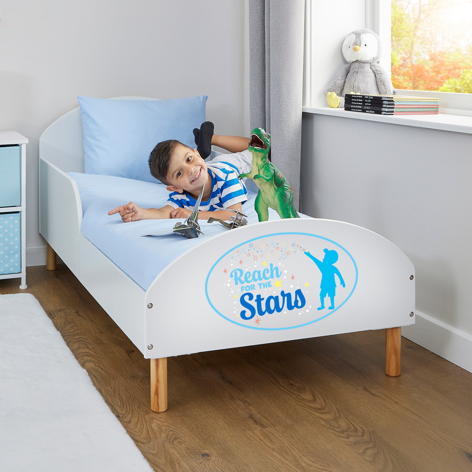 Reach for the Stars Toddler Bed with Motivational Decal – Safe Wooden Bed for Kids (18 Months – 5 Years)
