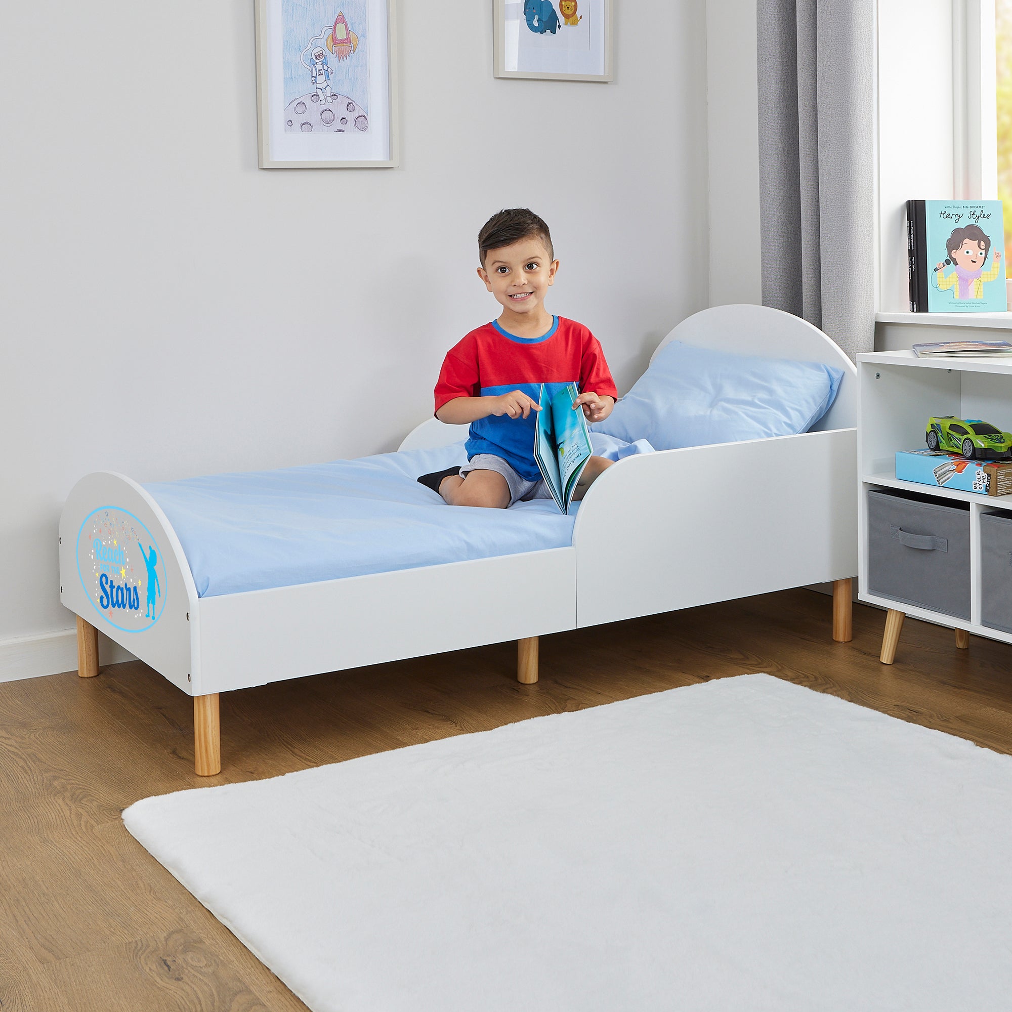 Reach for the Stars Toddler Bed with Motivational Decal – Safe Wooden Bed for Kids (18 Months – 5 Years)
