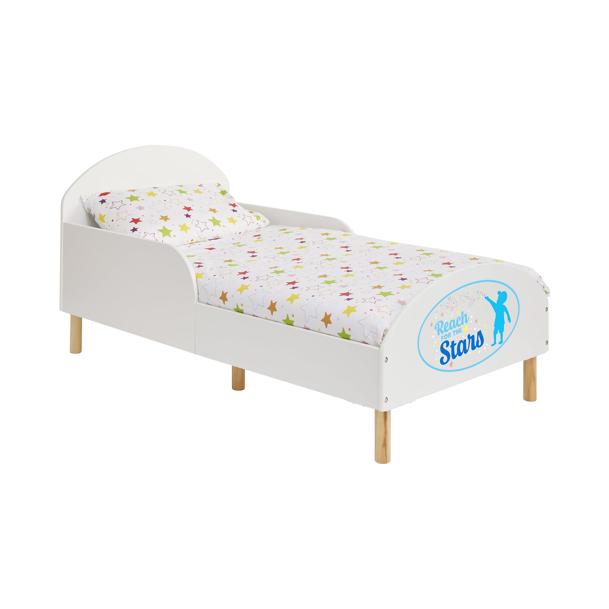 Reach for the Stars Toddler Bed with Motivational Decal – Safe Wooden Bed for Kids (18 Months – 5 Years)