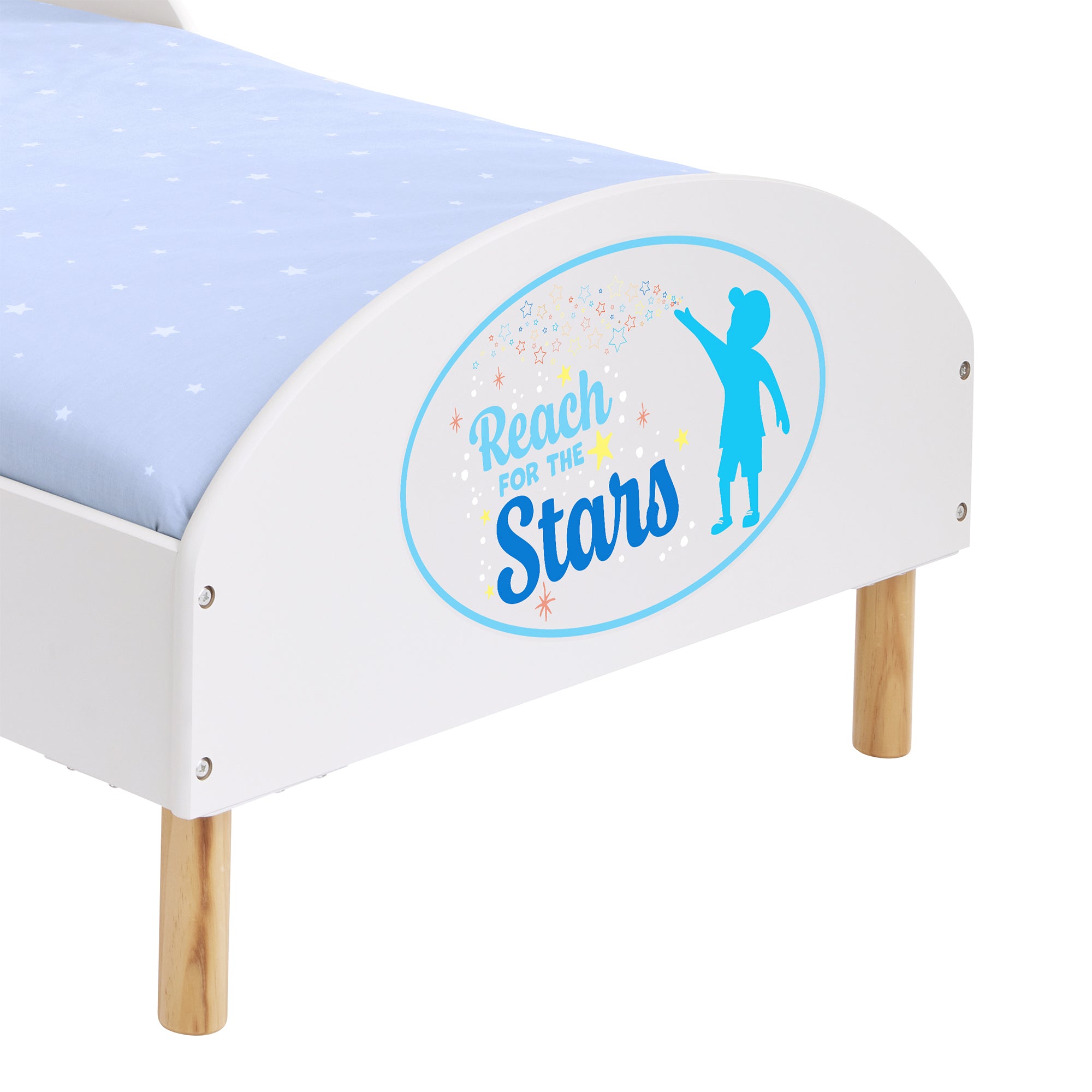 Reach for the Stars Toddler Bed with Motivational Decal – Safe Wooden Bed for Kids (18 Months – 5 Years)