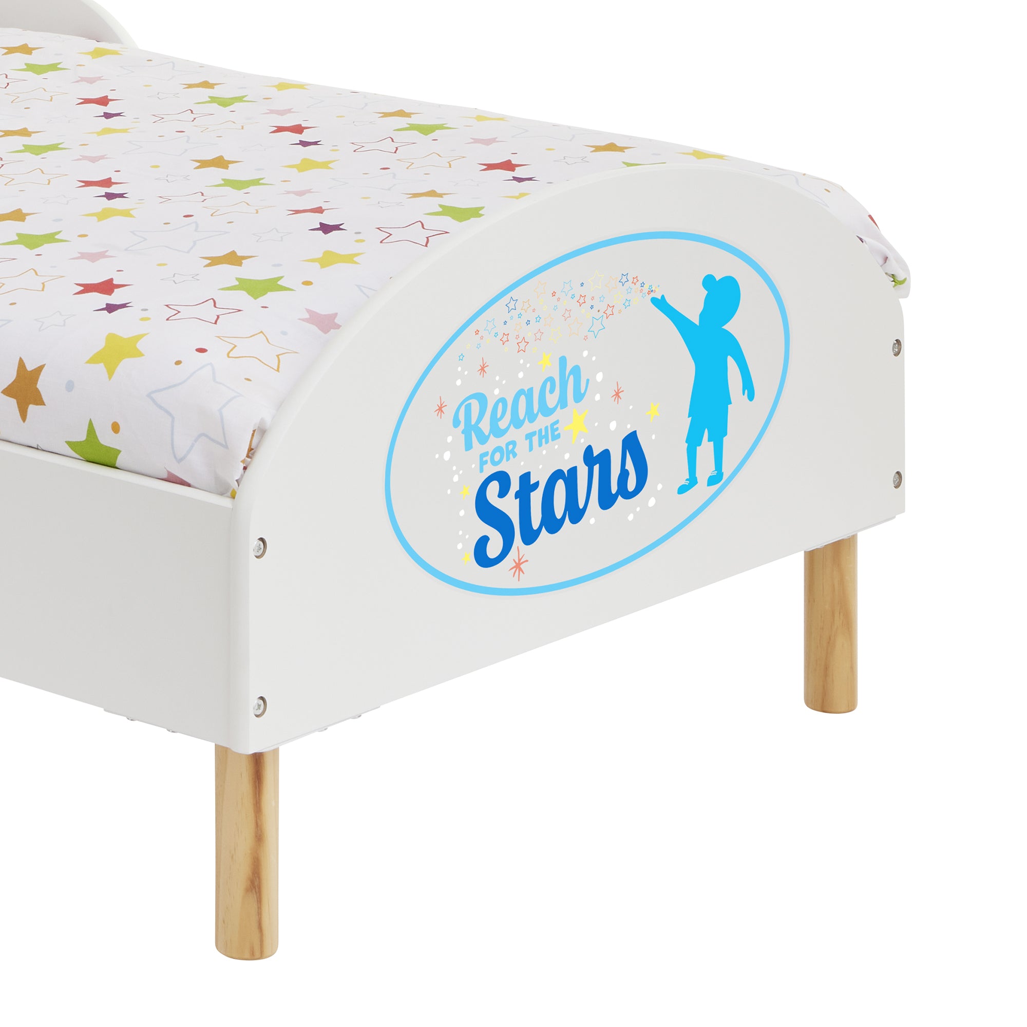 Reach for the Stars Toddler Bed with Motivational Decal – Safe Wooden Bed for Kids (18 Months – 5 Years)