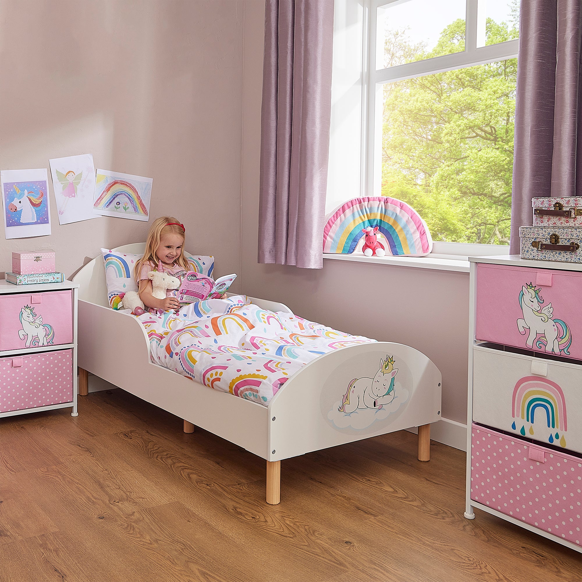 Unicorn Toddler Bed with Decal – Safe Wooden Bed for Kids (18 Months – 5 Years)