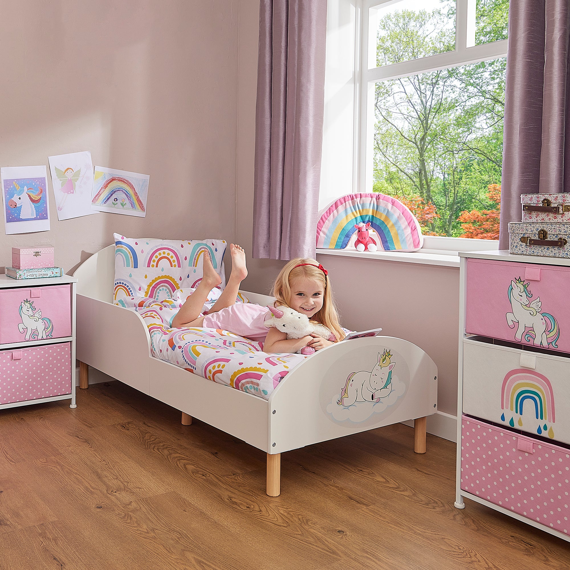 Unicorn Toddler Bed with Decal – Safe Wooden Bed for Kids (18 Months – 5 Years)
