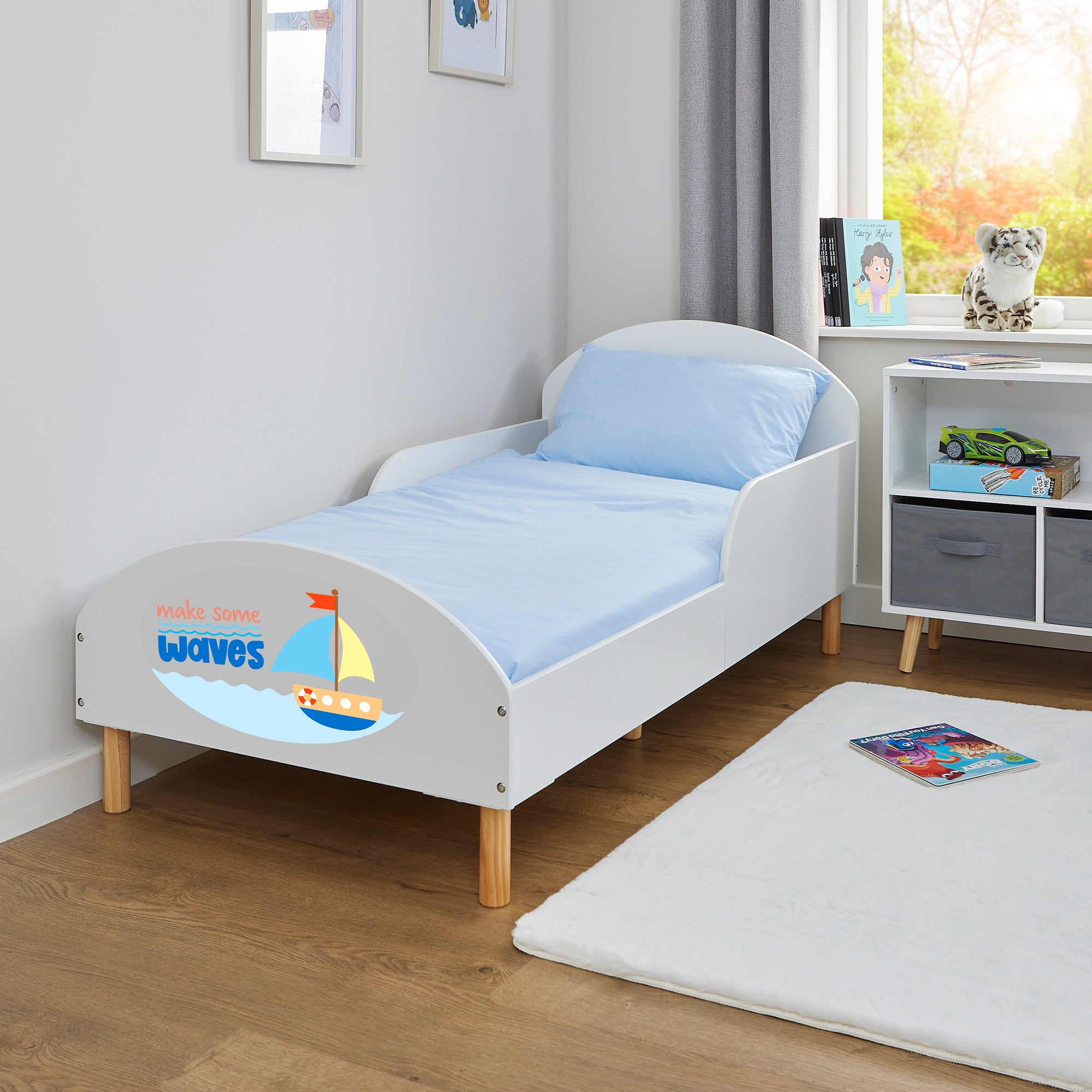 Make Some Waves Toddler Bed with Motivational Decal – Safe Wooden Bed for Kids (18 Months – 5 Years)