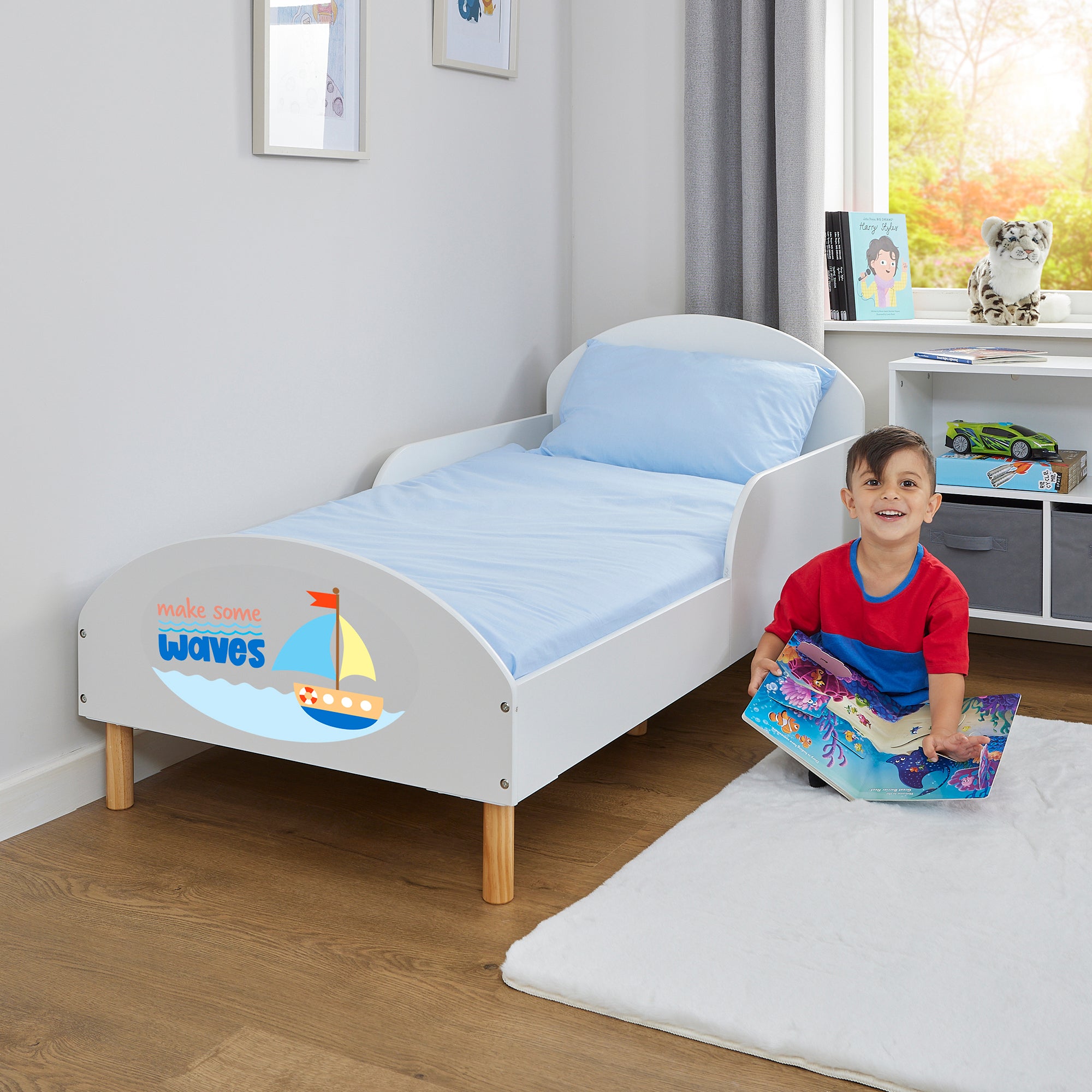 Make Some Waves Toddler Bed with Motivational Decal – Safe Wooden Bed for Kids (18 Months – 5 Years)