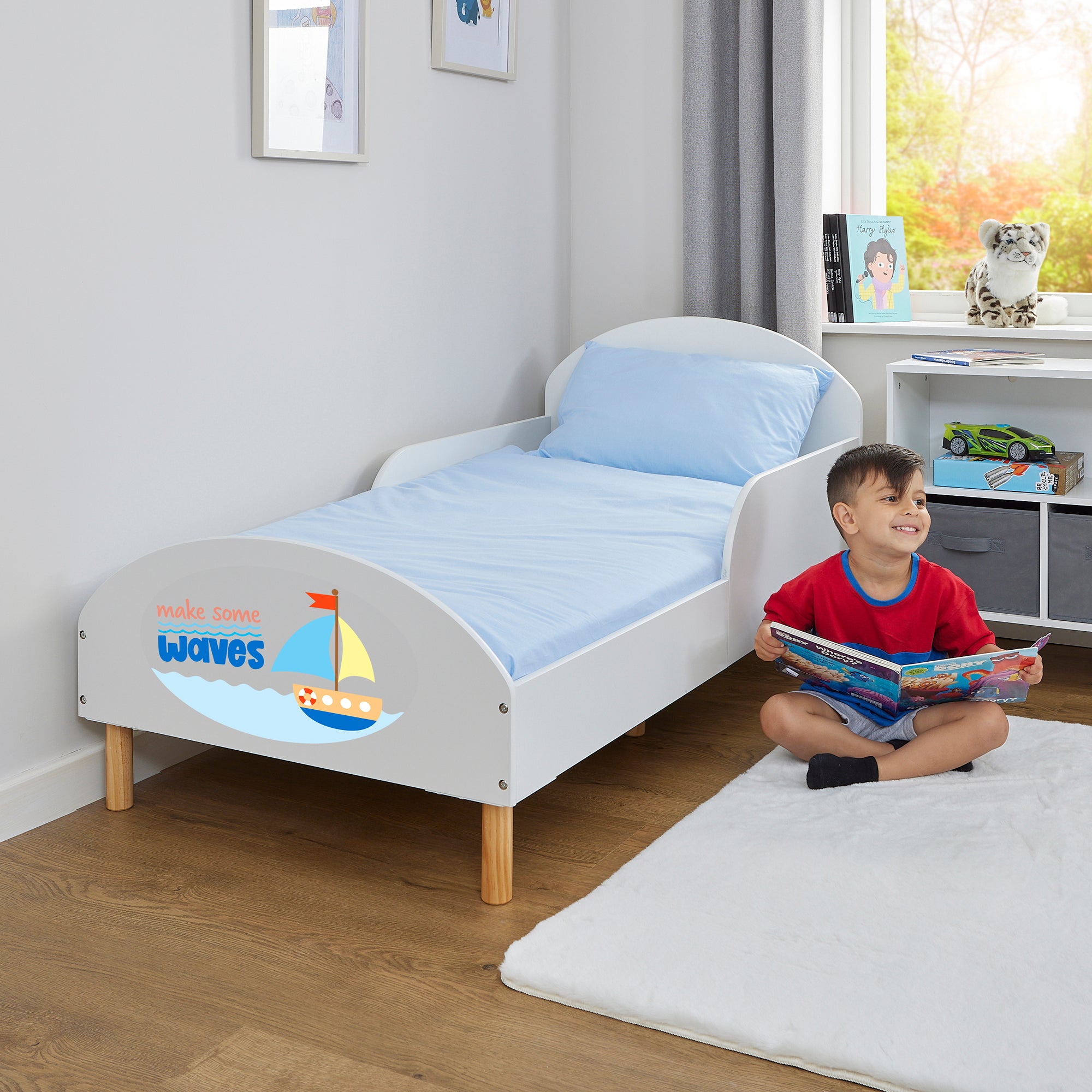 Make Some Waves Toddler Bed with Motivational Decal – Safe Wooden Bed for Kids (18 Months – 5 Years)