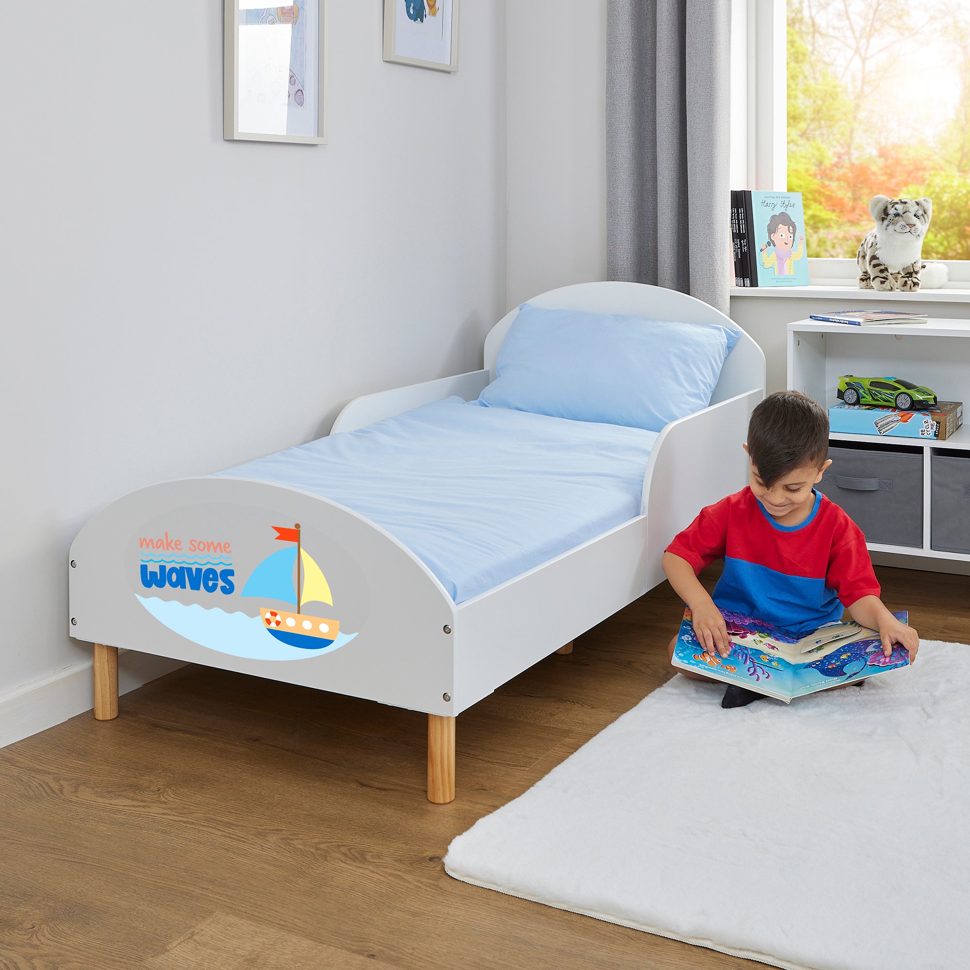 Make Some Waves Toddler Bed with Motivational Decal – Safe Wooden Bed for Kids (18 Months – 5 Years)