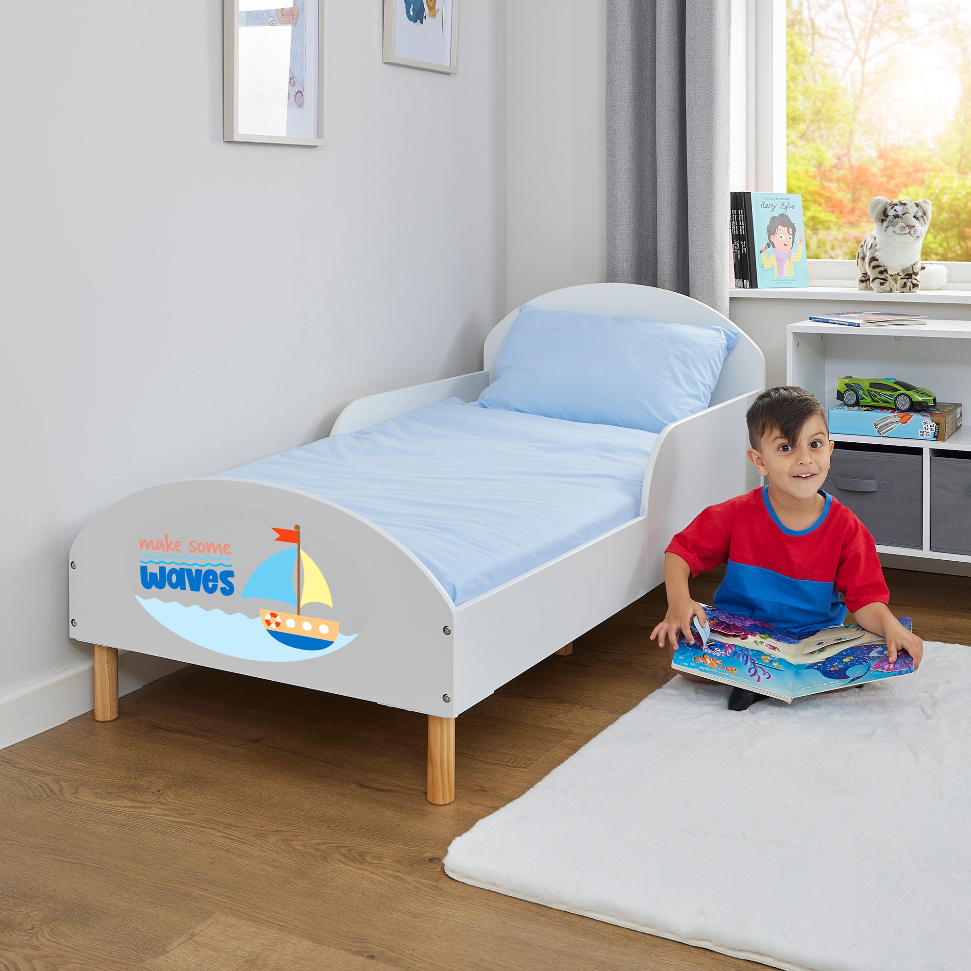 Make Some Waves Toddler Bed with Motivational Decal – Safe Wooden Bed for Kids (18 Months – 5 Years)