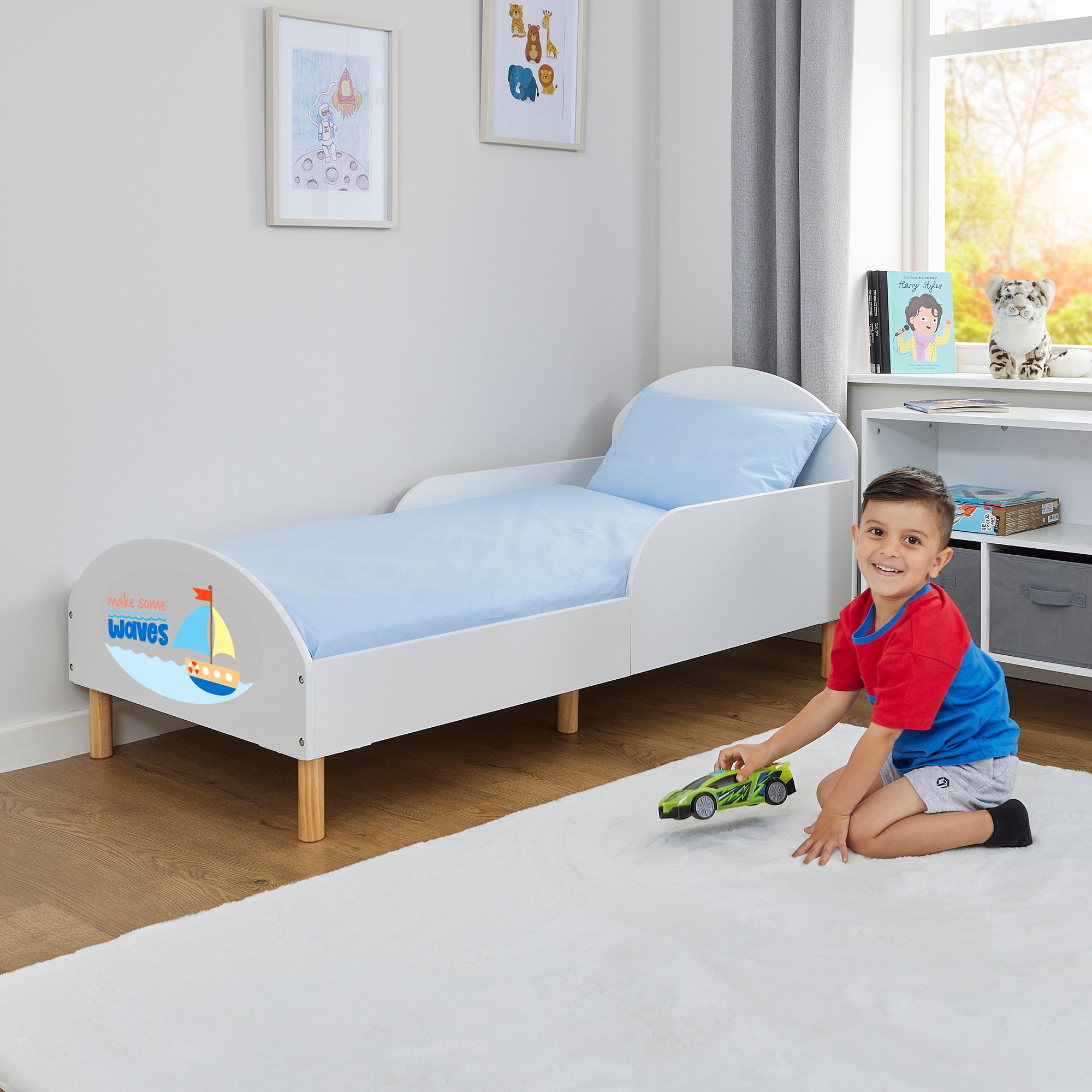 Make Some Waves Toddler Bed with Motivational Decal – Safe Wooden Bed for Kids (18 Months – 5 Years)