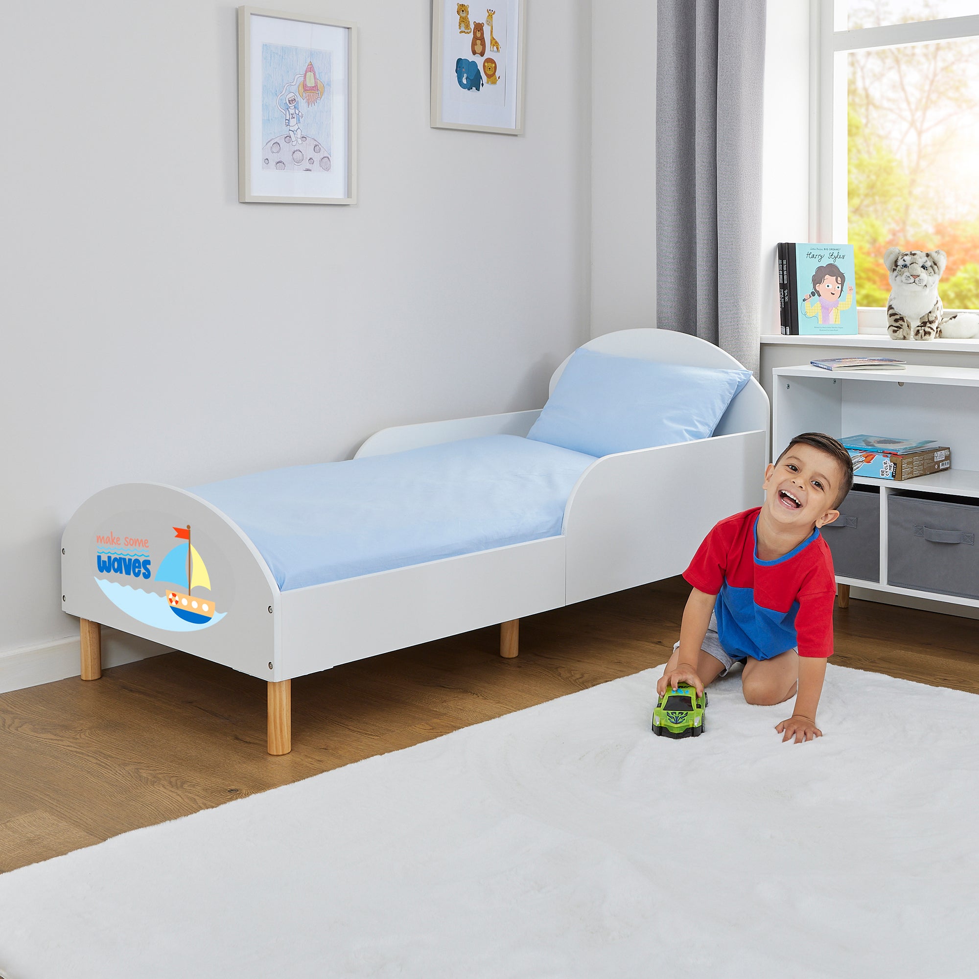 Make Some Waves Toddler Bed with Motivational Decal – Safe Wooden Bed for Kids (18 Months – 5 Years)