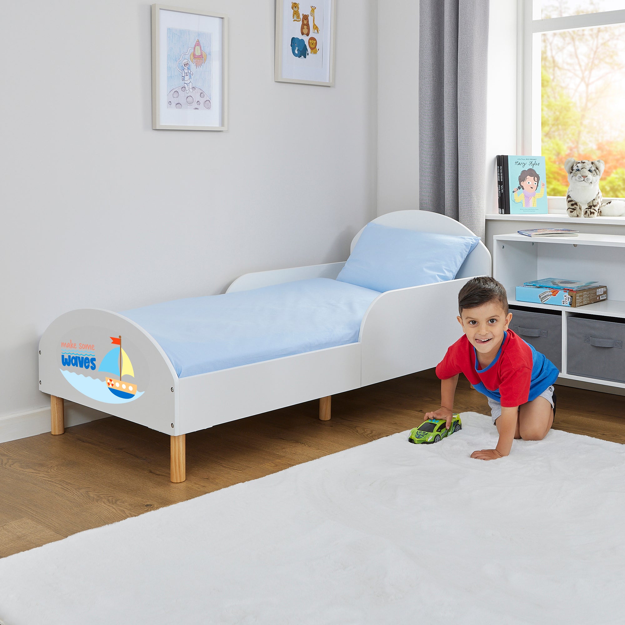 Make Some Waves Toddler Bed with Motivational Decal – Safe Wooden Bed for Kids (18 Months – 5 Years)