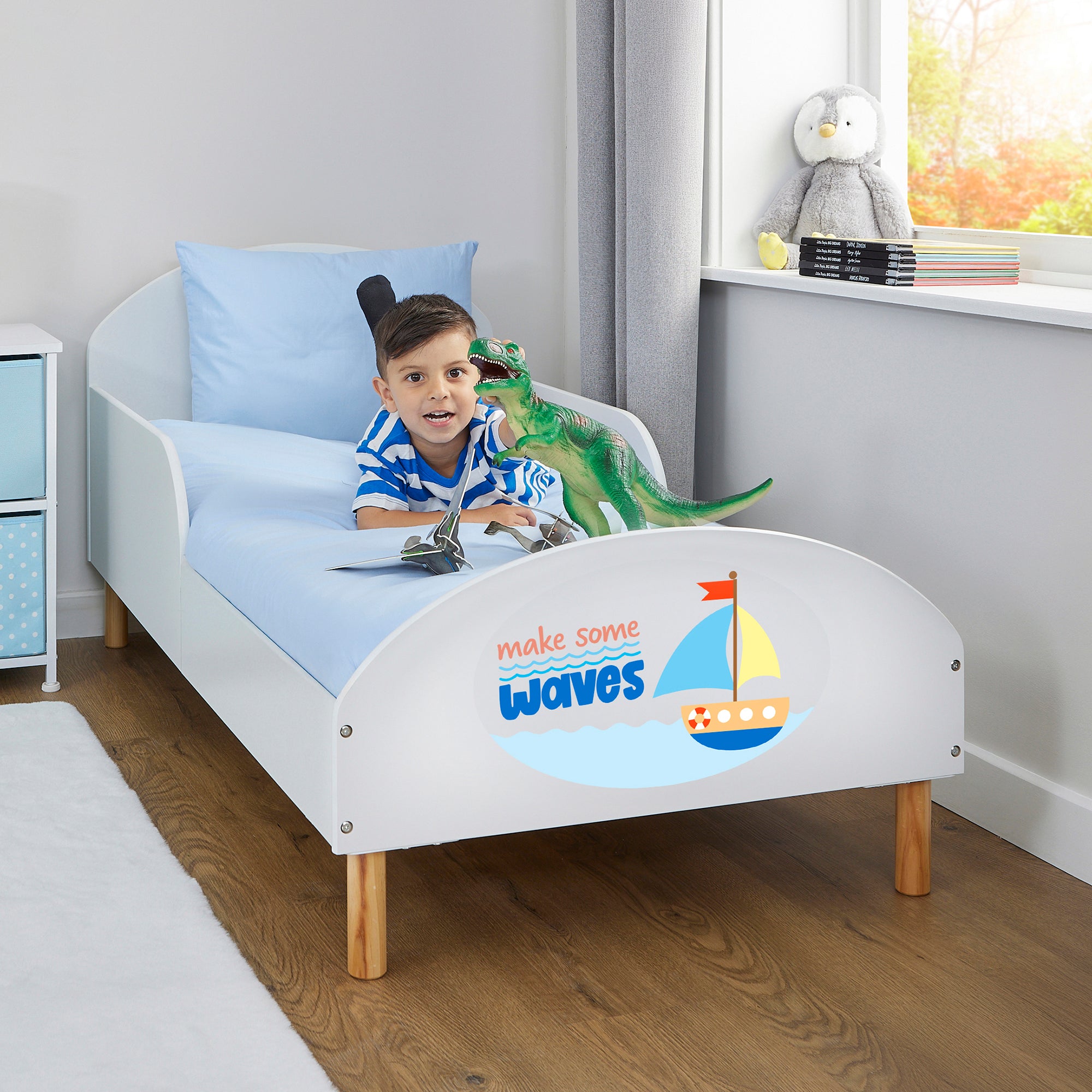 Make Some Waves Toddler Bed with Motivational Decal – Safe Wooden Bed for Kids (18 Months – 5 Years)