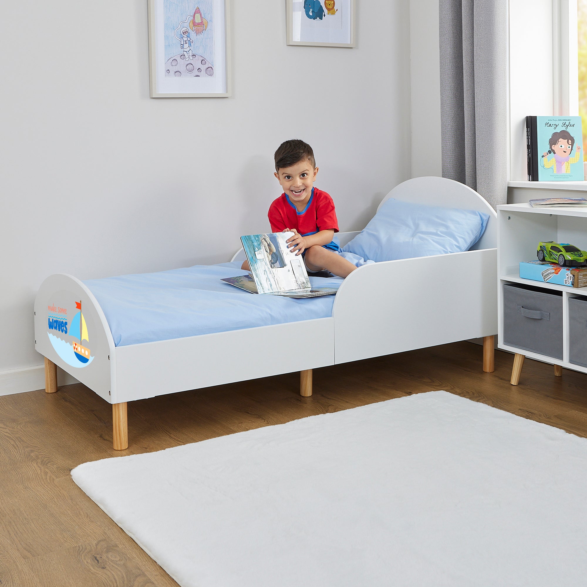 Make Some Waves Toddler Bed with Motivational Decal – Safe Wooden Bed for Kids (18 Months – 5 Years)