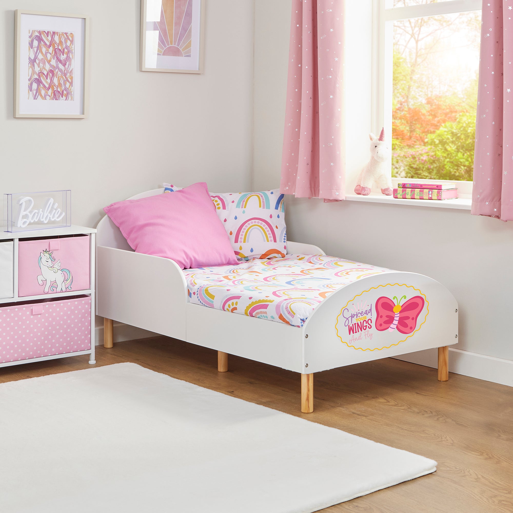 Wooden Toddler Bed with Safety Rails & Decal (18 Months – 5 Years) - Spread Your Wings and Fly