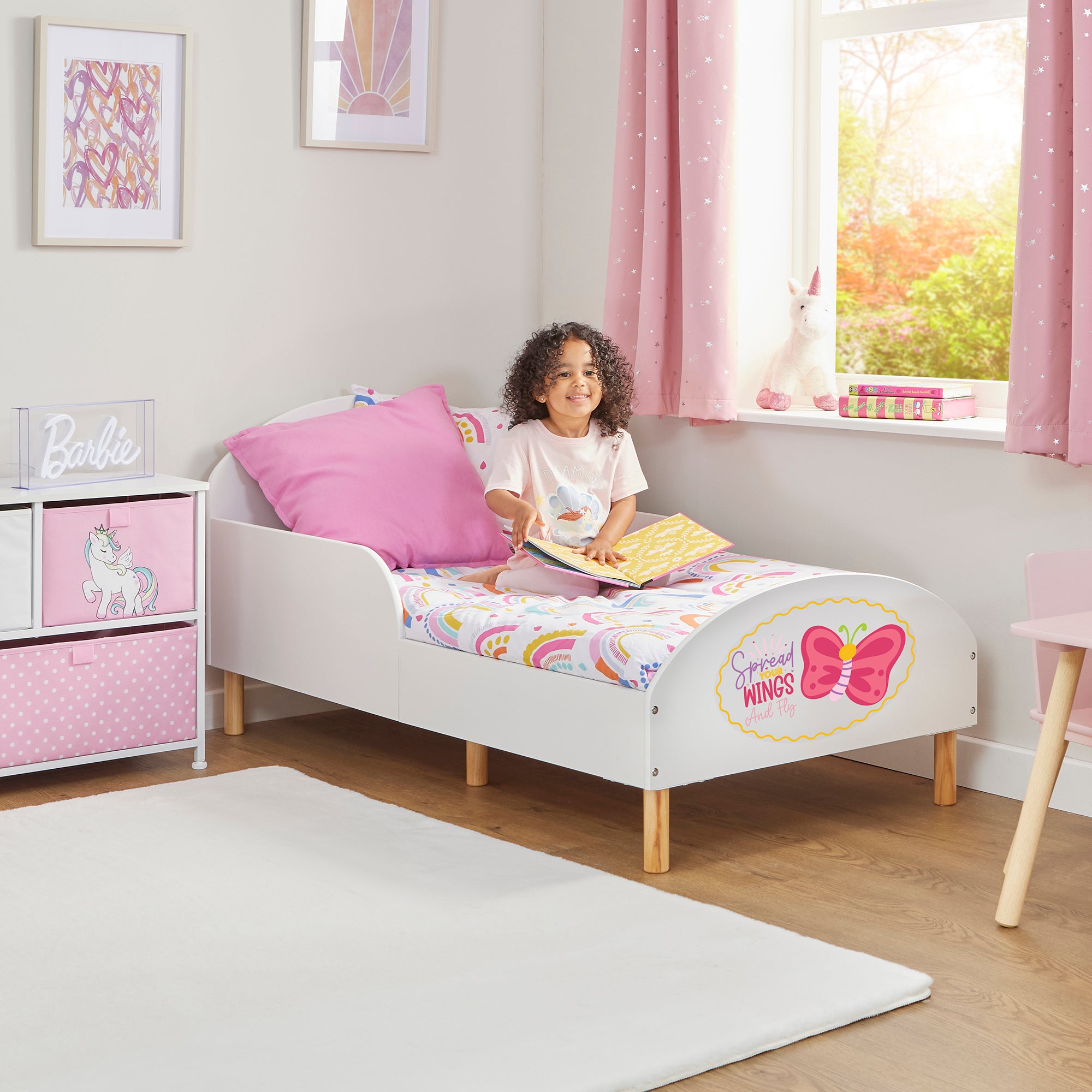 Wooden Toddler Bed with Safety Rails & Decal (18 Months – 5 Years) - Spread Your Wings and Fly