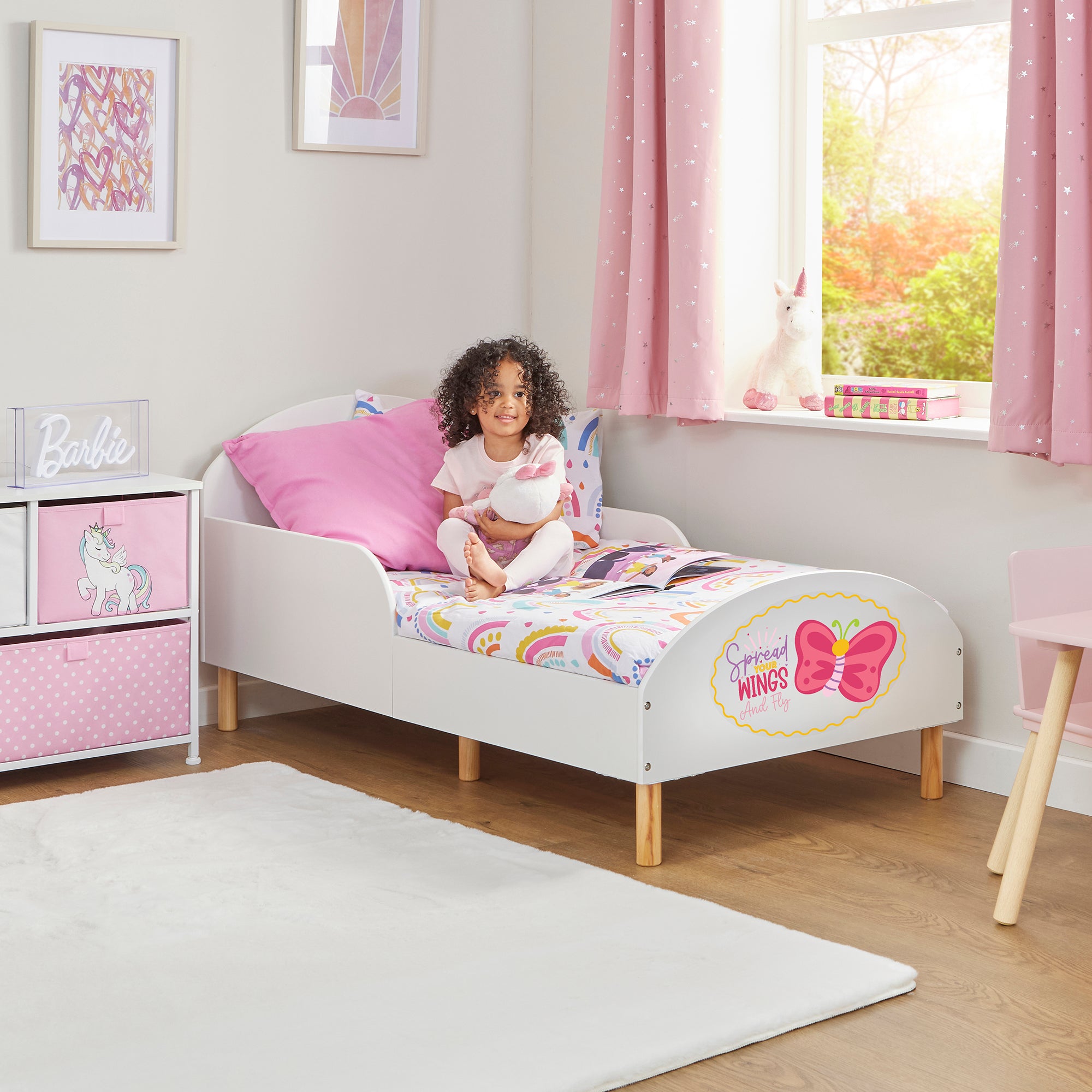Wooden Toddler Bed with Safety Rails & Decal (18 Months – 5 Years) - Spread Your Wings and Fly