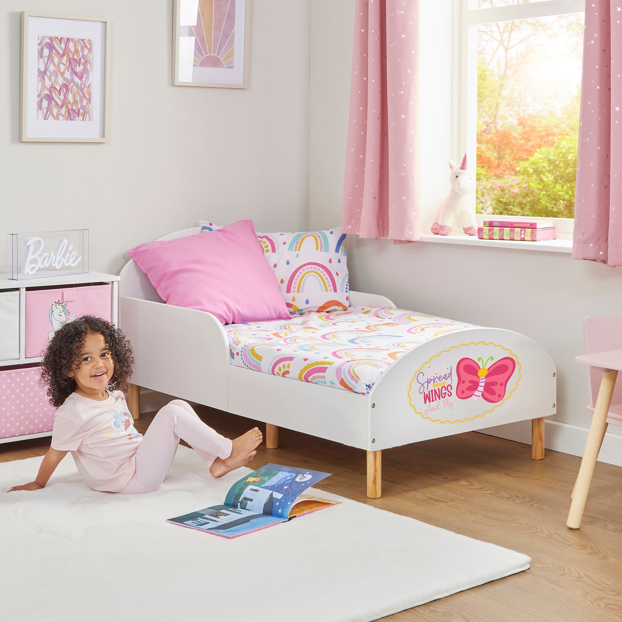 Wooden Toddler Bed with Safety Rails & Decal (18 Months – 5 Years) - Spread Your Wings and Fly