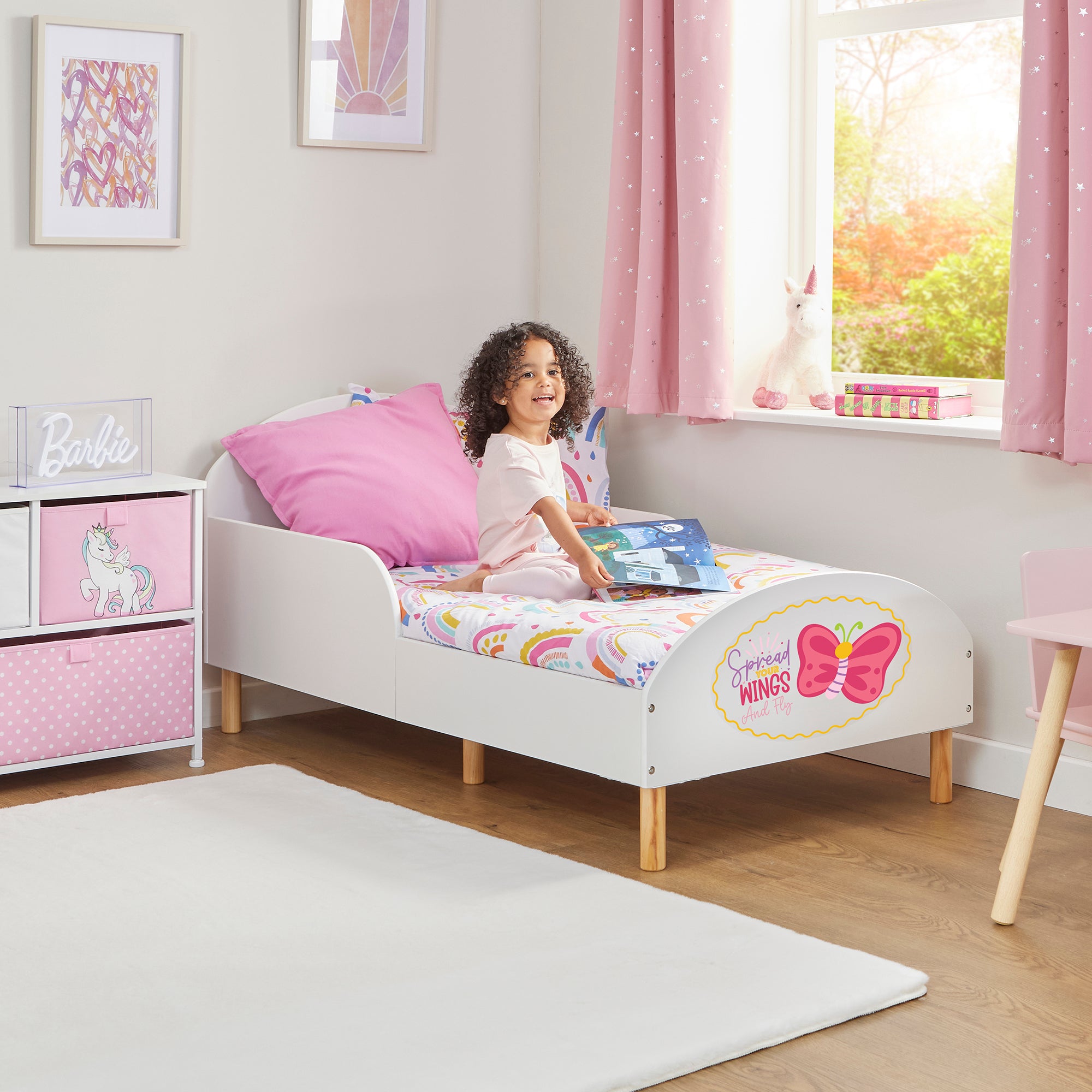 Wooden Toddler Bed with Safety Rails & Decal (18 Months – 5 Years) - Spread Your Wings and Fly