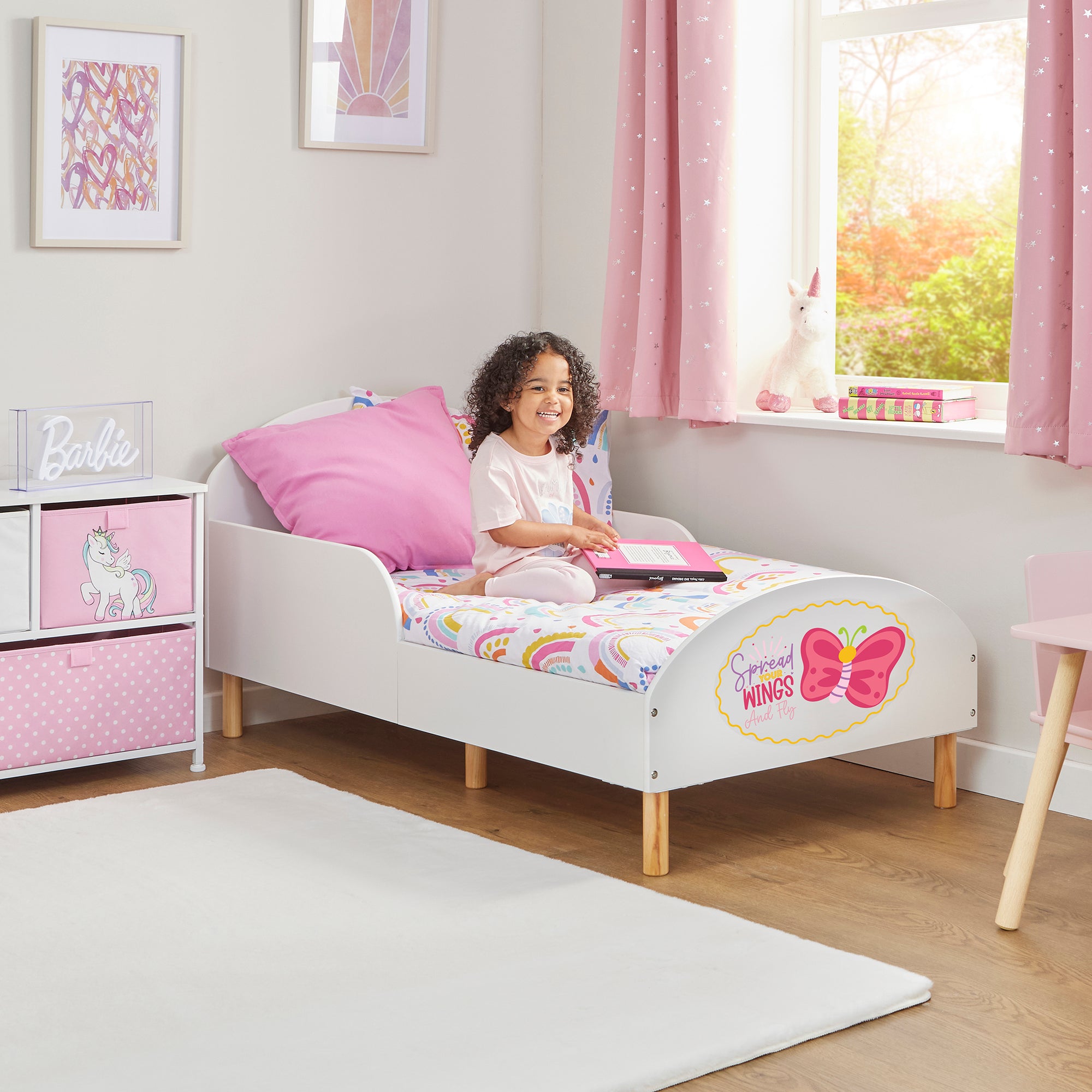 Wooden Toddler Bed with Safety Rails & Decal (18 Months – 5 Years) - Spread Your Wings and Fly