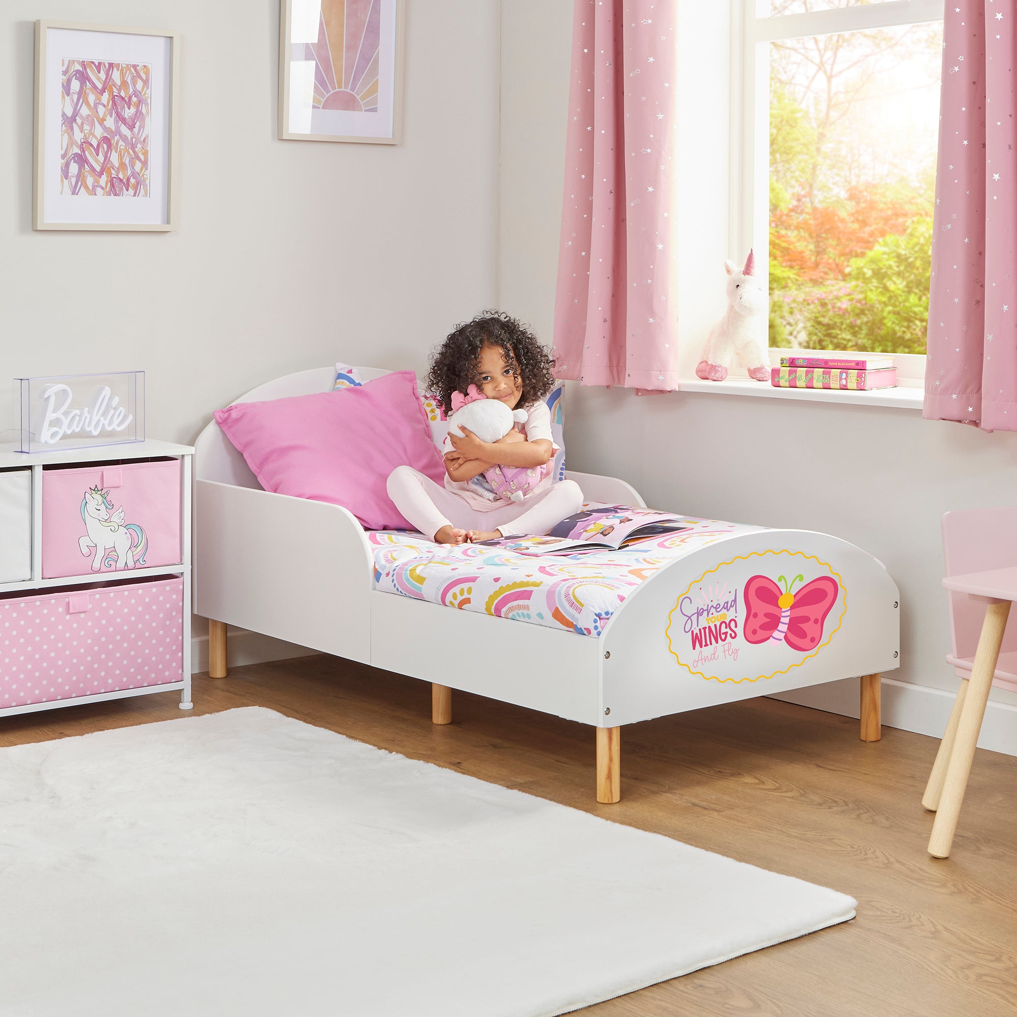 Wooden Toddler Bed with Safety Rails & Decal (18 Months – 5 Years) - Spread Your Wings and Fly