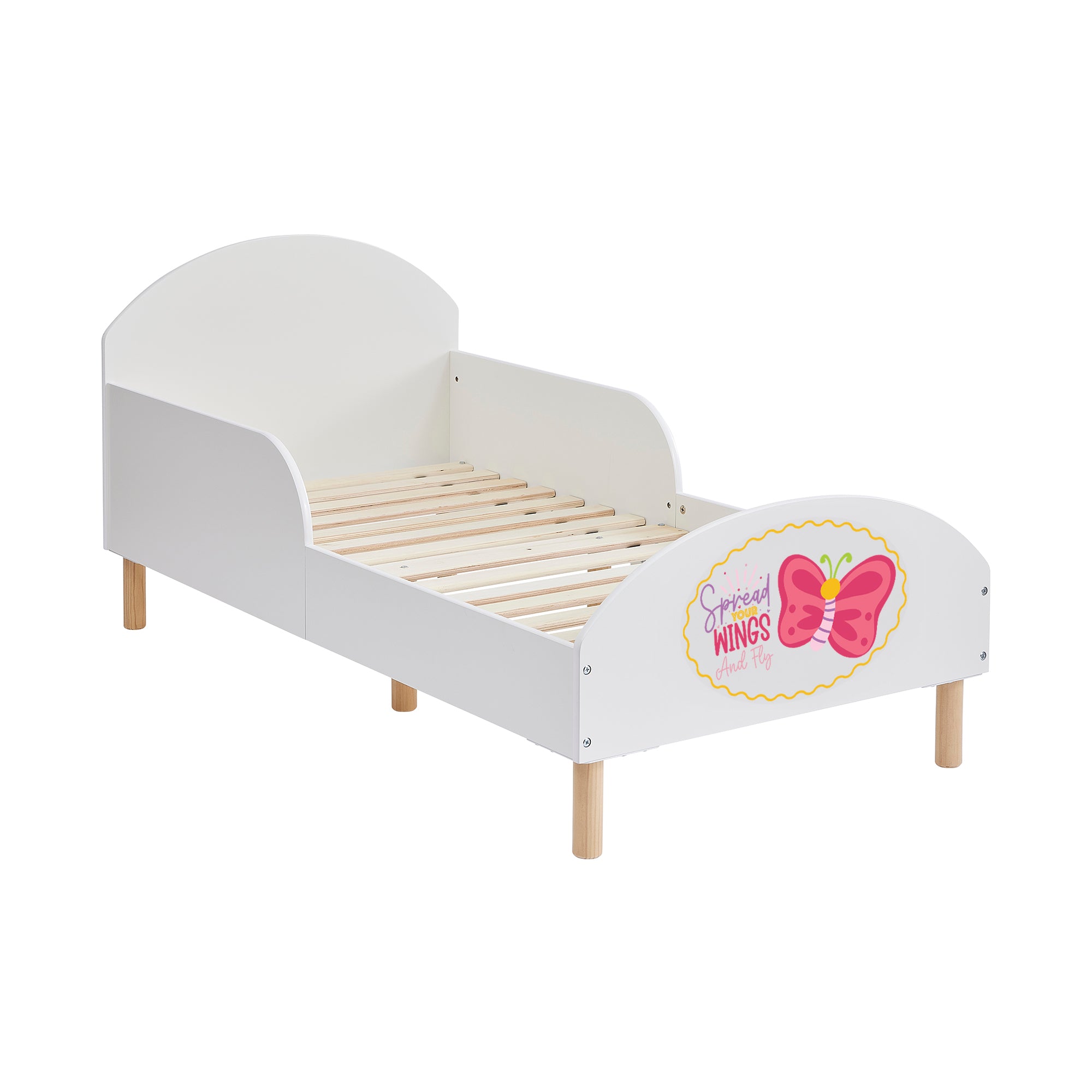Wooden Toddler Bed with Safety Rails & Decal (18 Months – 5 Years) - Spread Your Wings and Fly