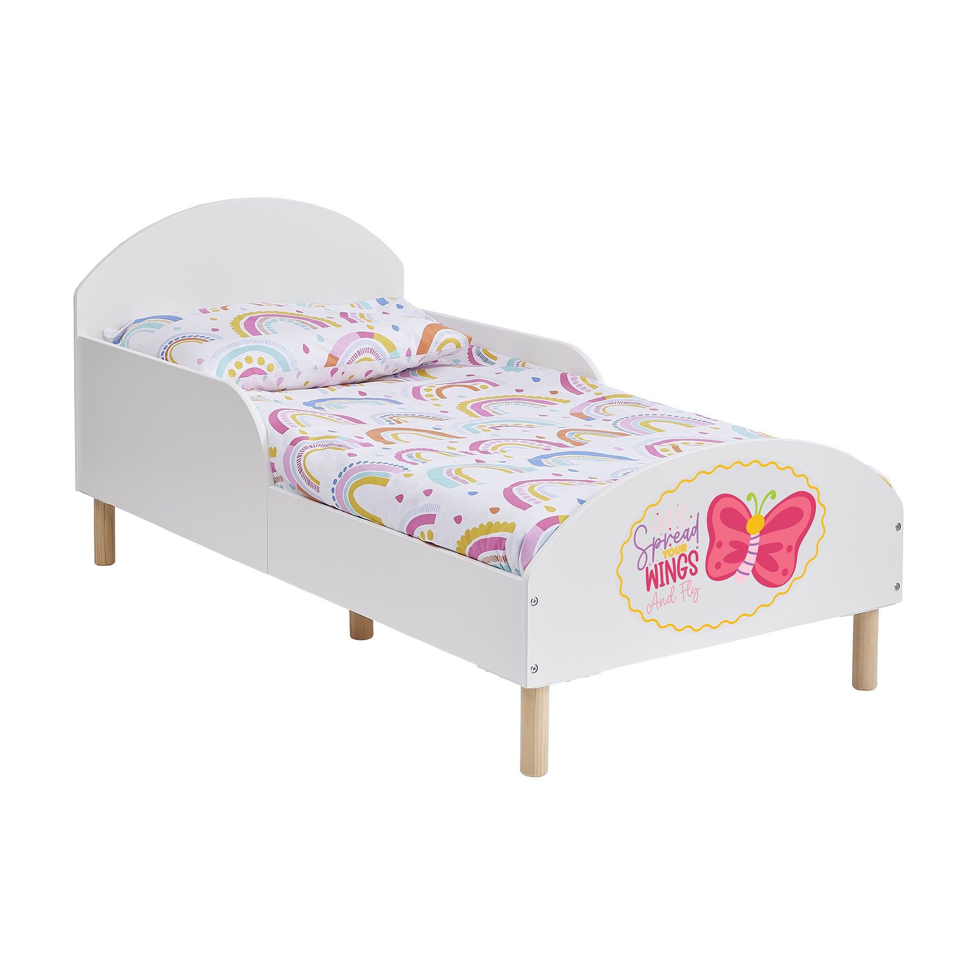 Wooden Toddler Bed with Safety Rails & Decal (18 Months – 5 Years) - Spread Your Wings and Fly