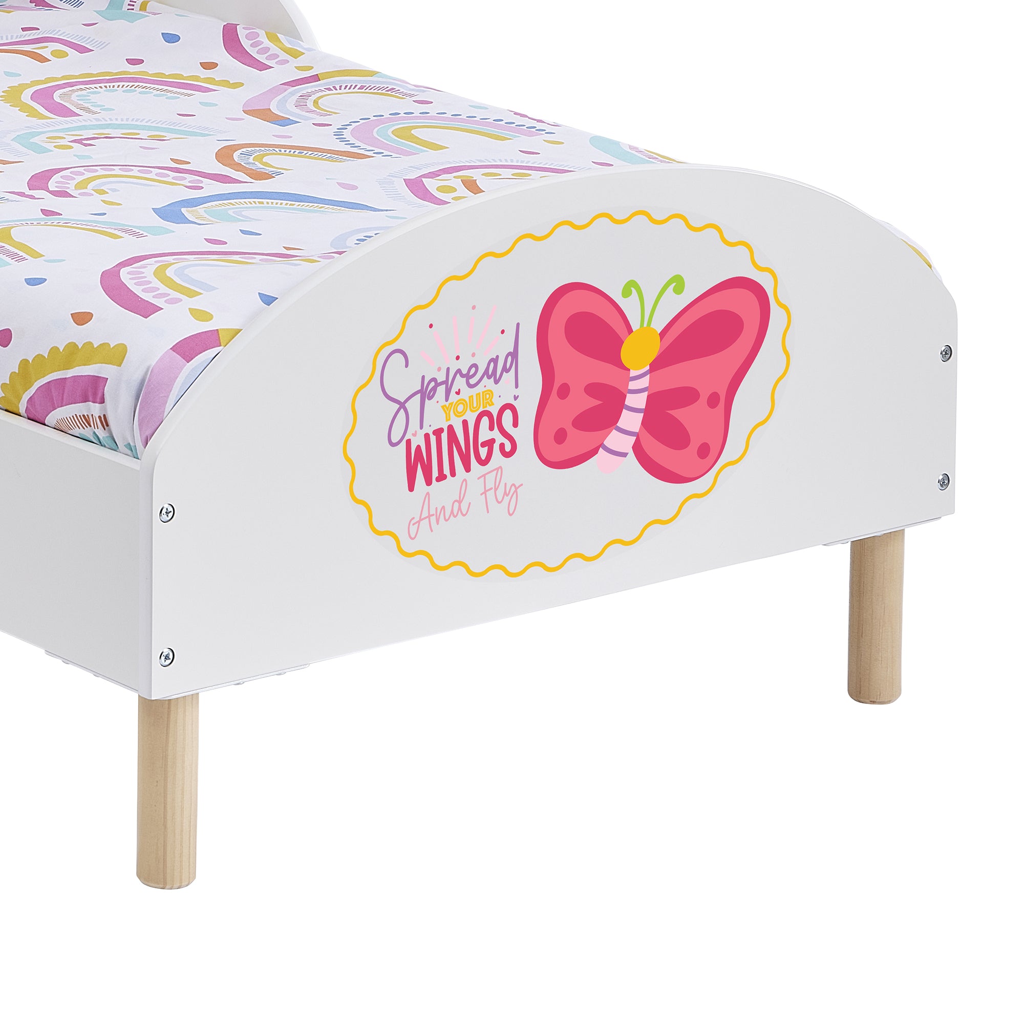 Wooden Toddler Bed with Safety Rails & Decal (18 Months – 5 Years) - Spread Your Wings and Fly
