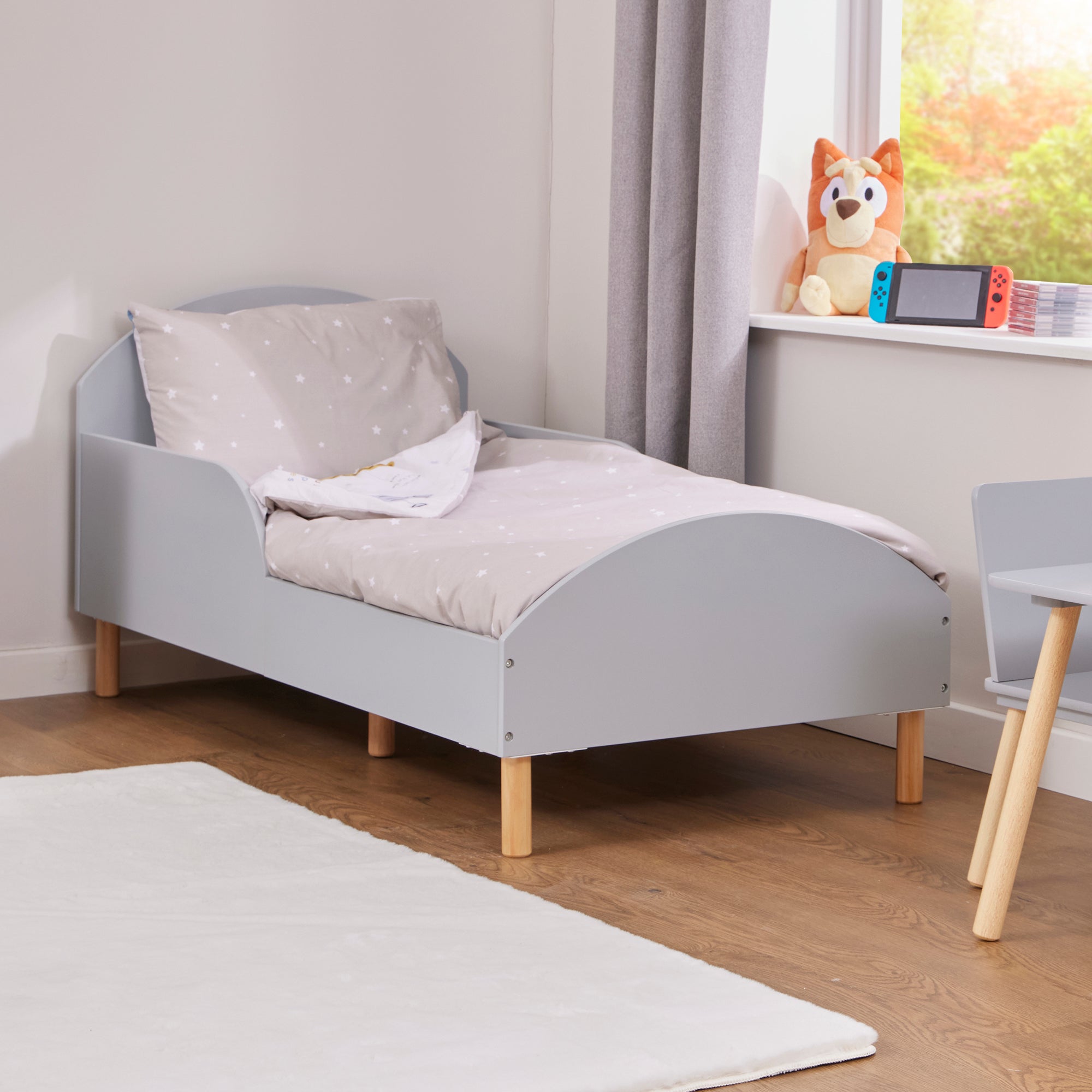 Kids Grey Toddler Bed with Safety Rails (18 Months – 5 Years)