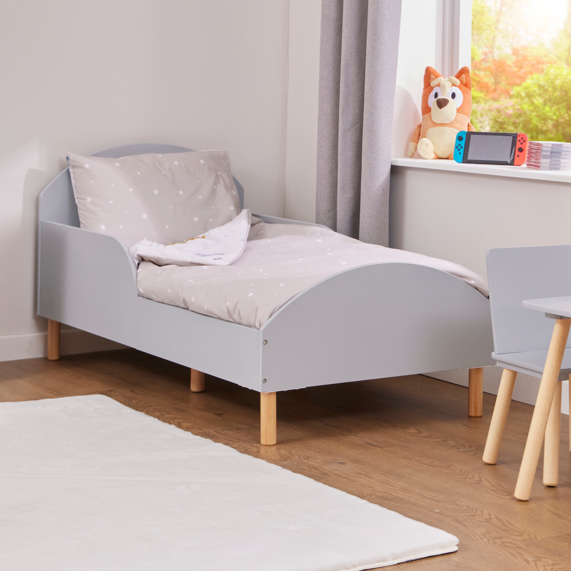 Kids Grey Toddler Bed with Safety Rails (18 Months – 5 Years)