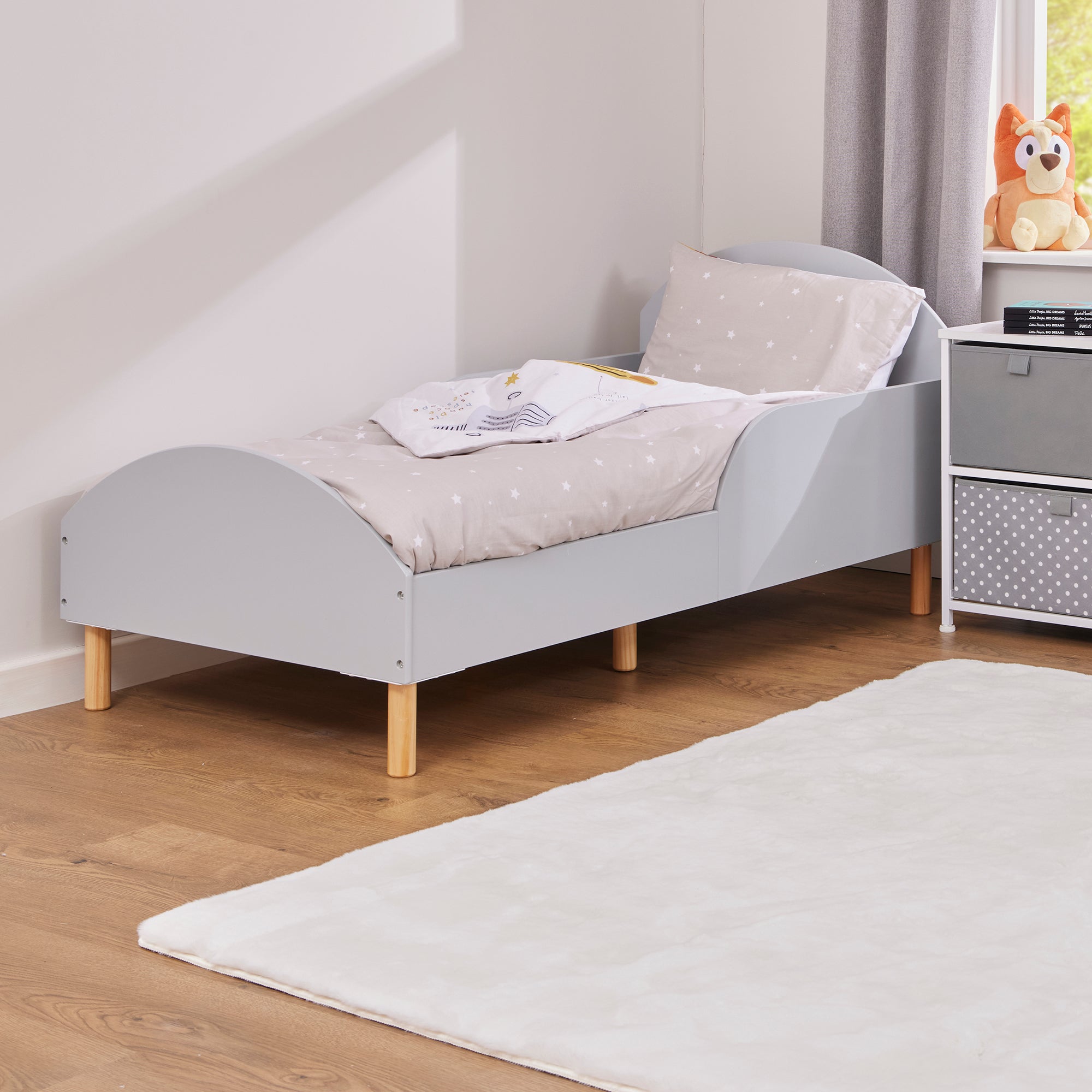 Kids Grey Toddler Bed with Safety Rails (18 Months – 5 Years)