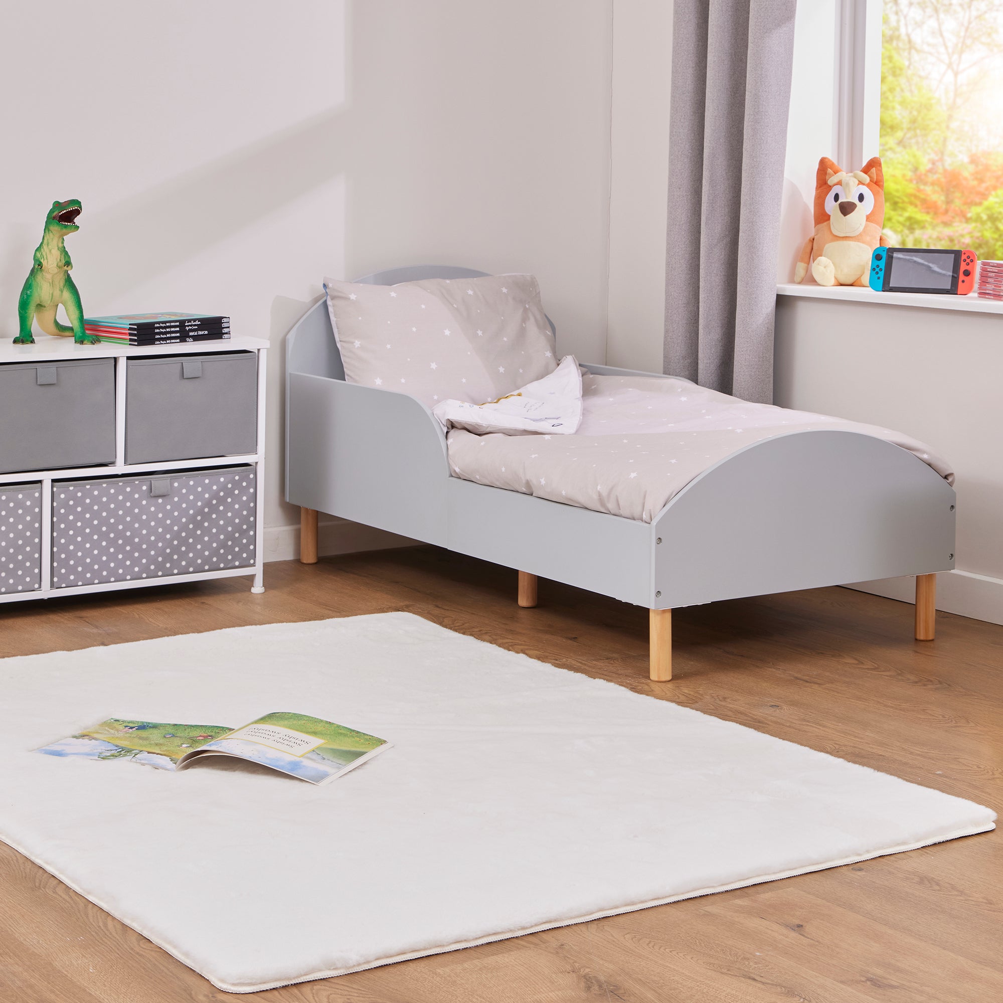 Kids Grey Toddler Bed with Safety Rails (18 Months – 5 Years)
