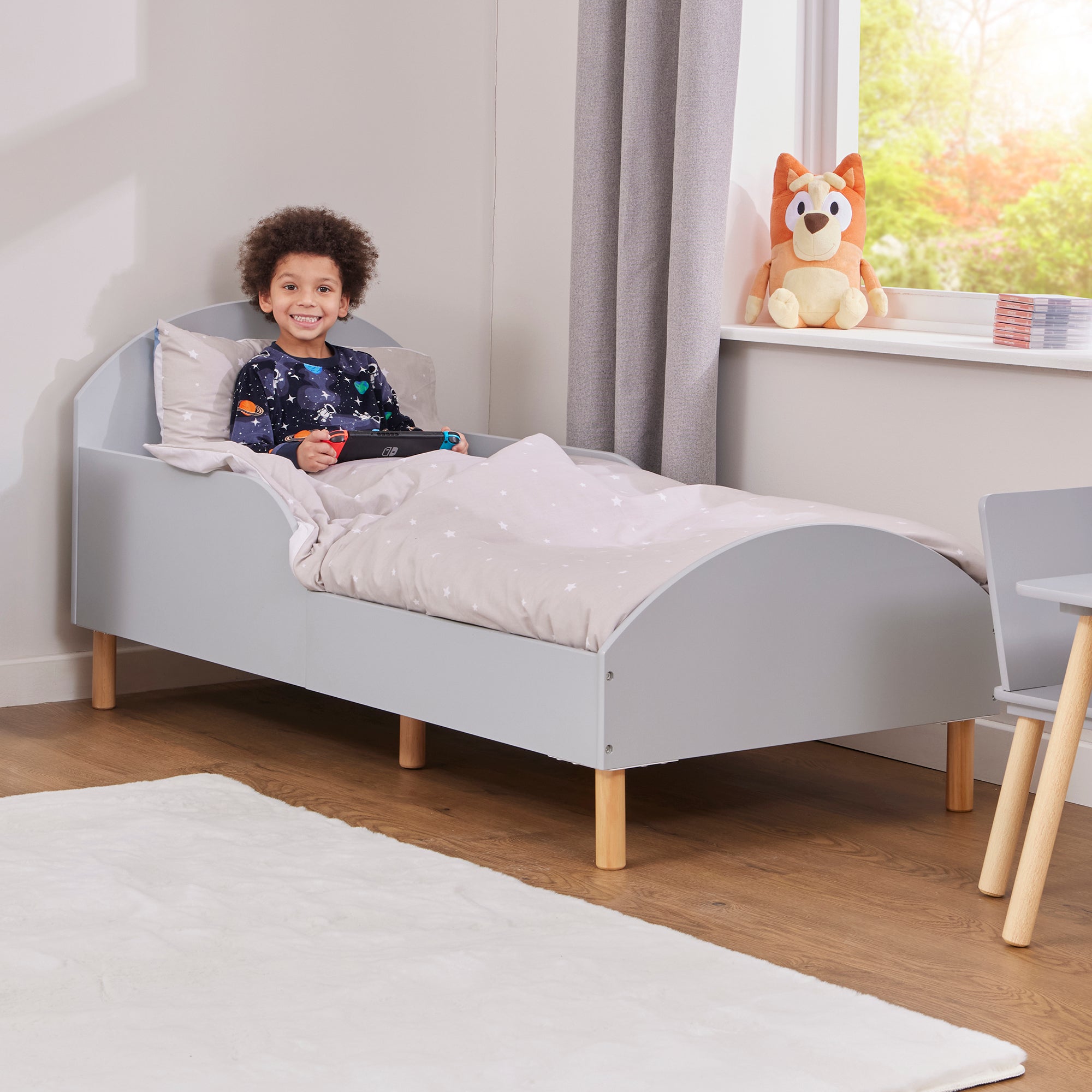 Kids Grey Toddler Bed with Safety Rails (18 Months – 5 Years)