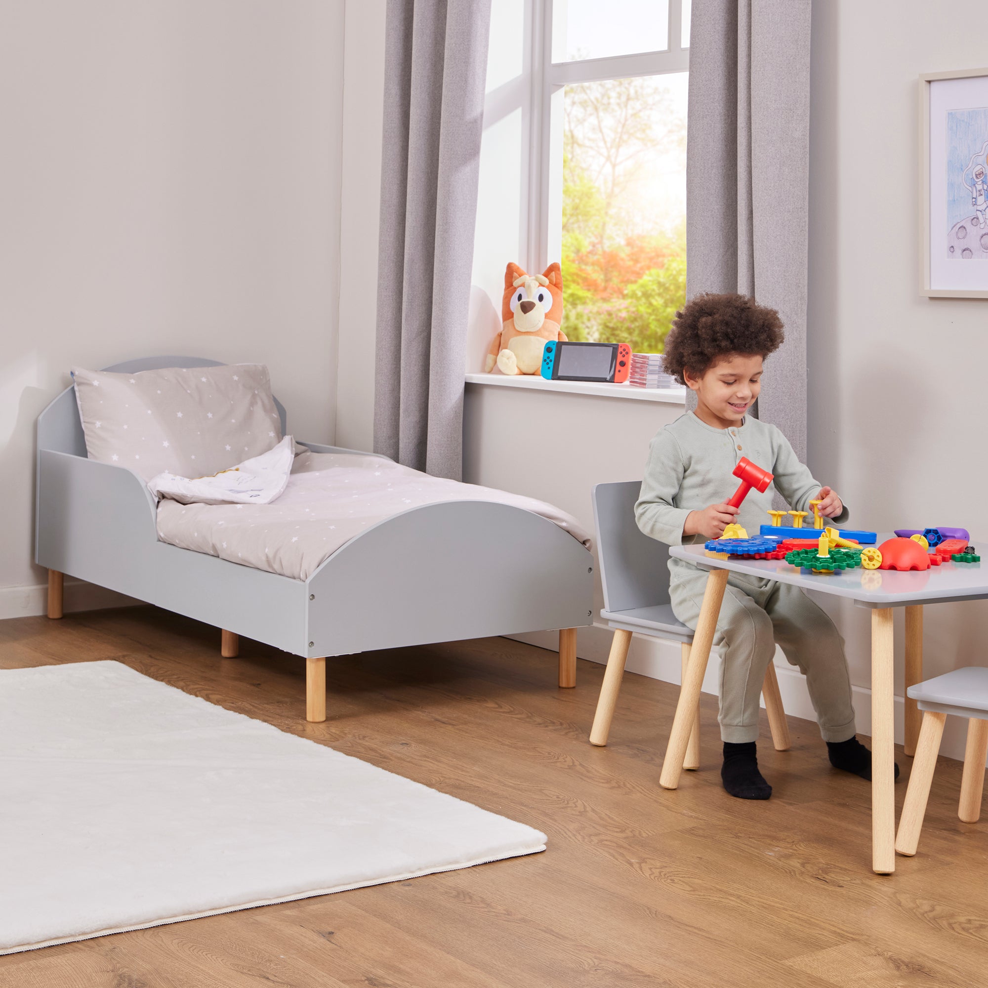 Kids Grey Toddler Bed with Safety Rails (18 Months – 5 Years)