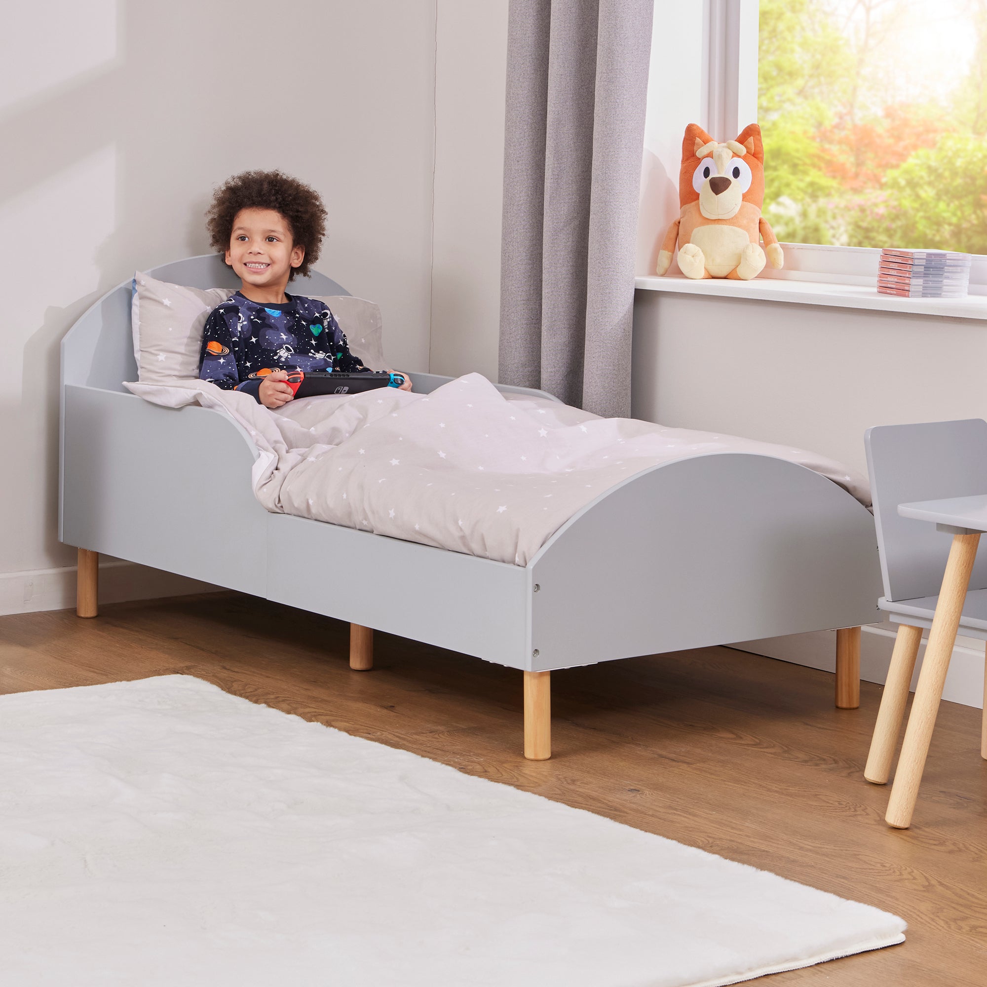 Kids Grey Toddler Bed with Safety Rails (18 Months – 5 Years)