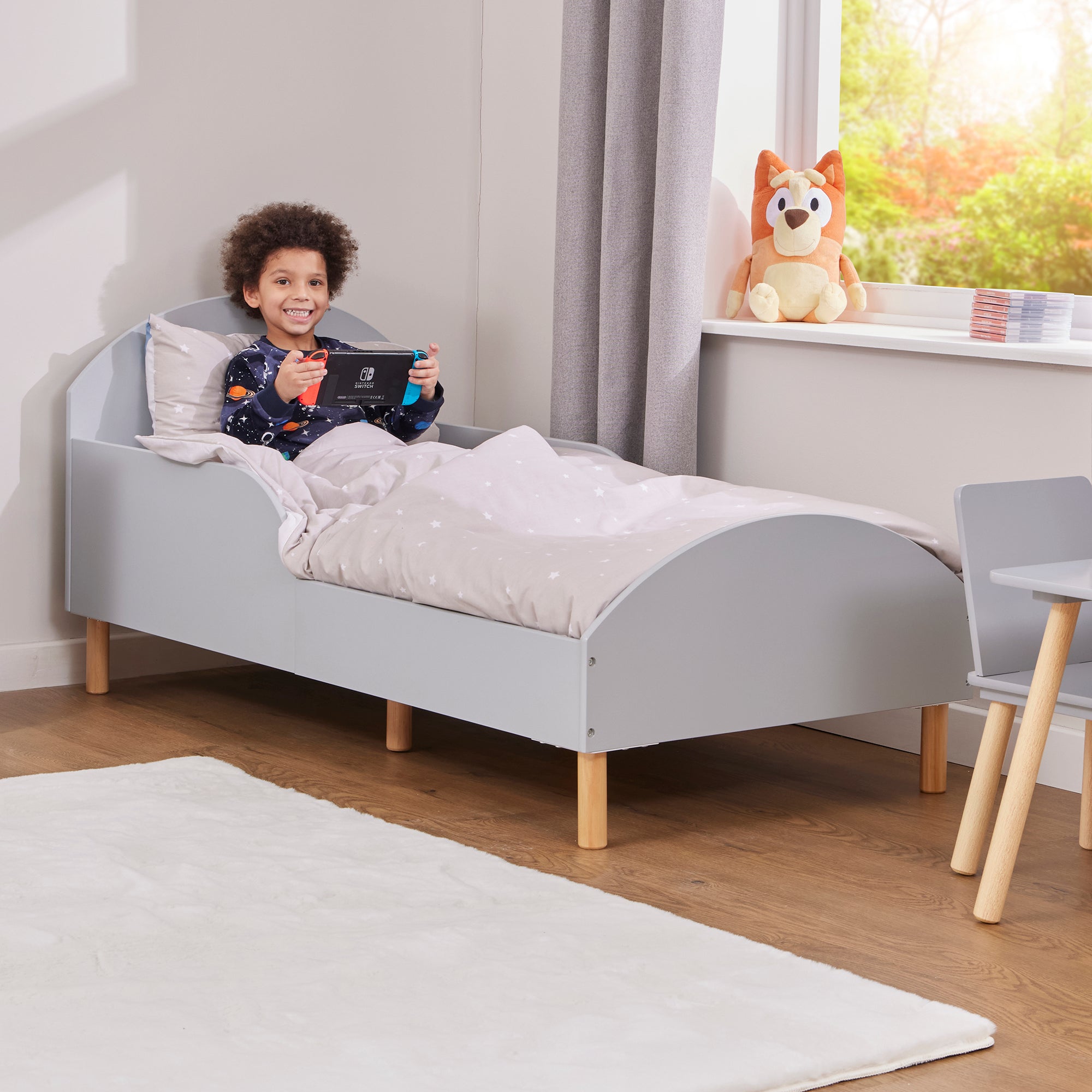 Kids Grey Toddler Bed with Safety Rails (18 Months – 5 Years)